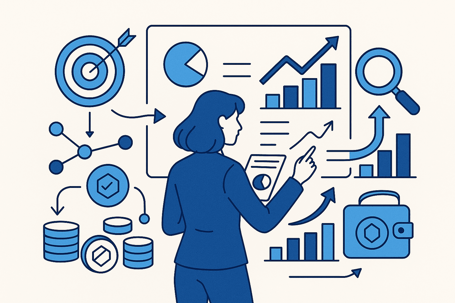 A silhouette of a person analyzing data with charts, graphs, and icons related to analysis and strategy.