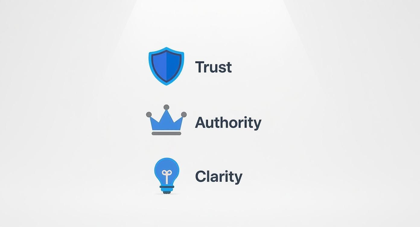 Three blue icons representing trust, authority, and clarity with shield, crown, and lightbulb symbols