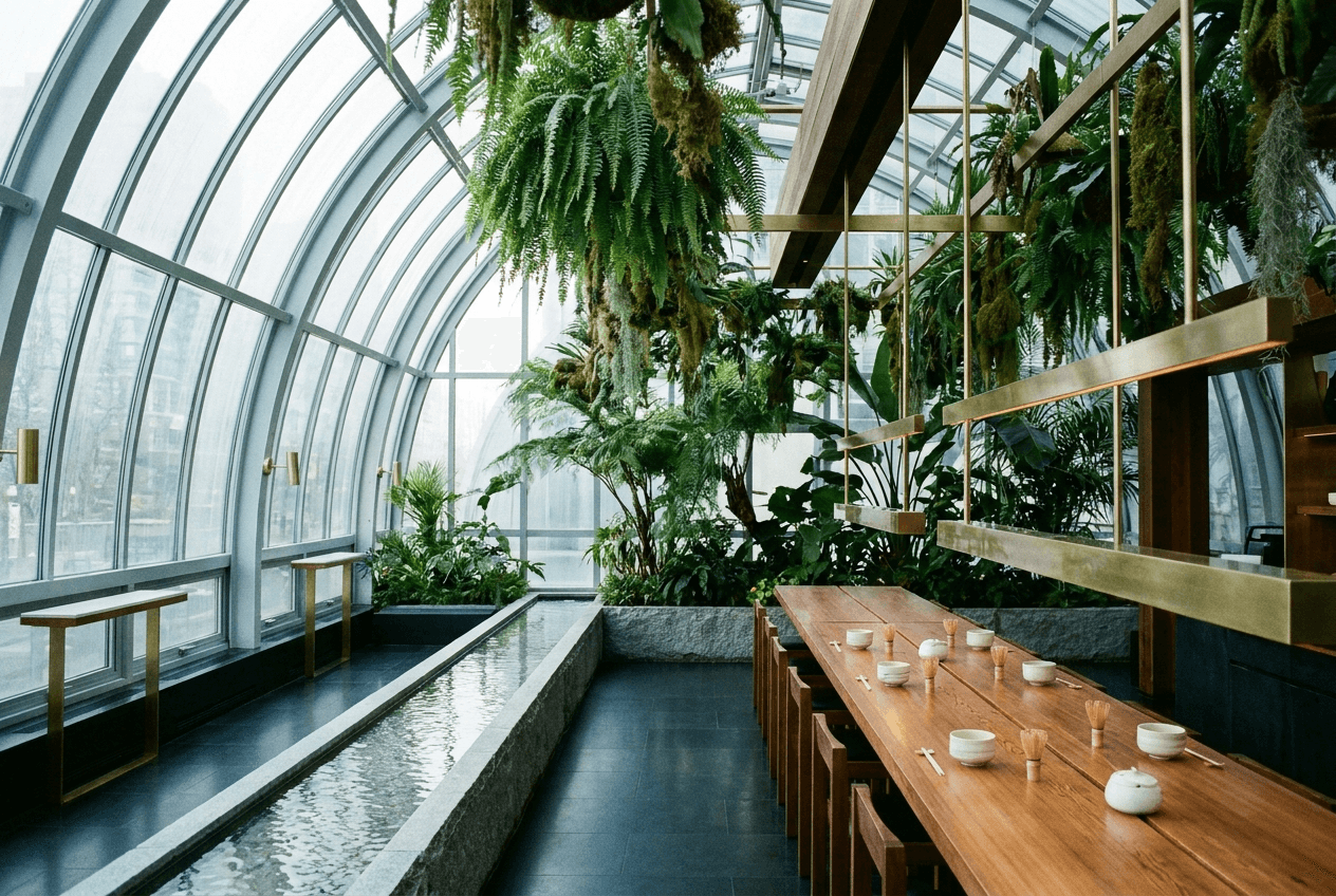 The AOMI green house in cool morning daylight