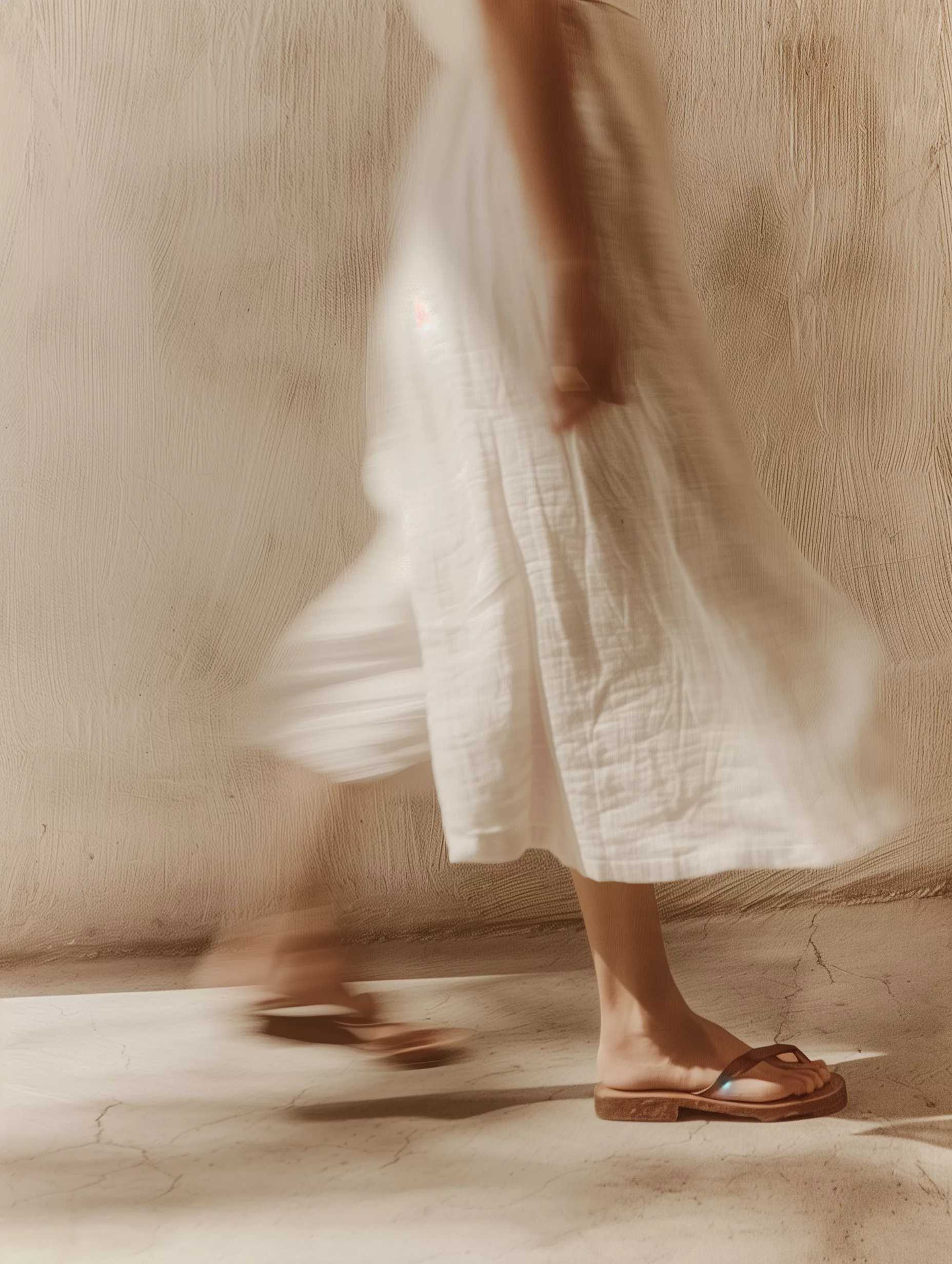 Frau mit weißem Kleid und Bewegungsunschärfe