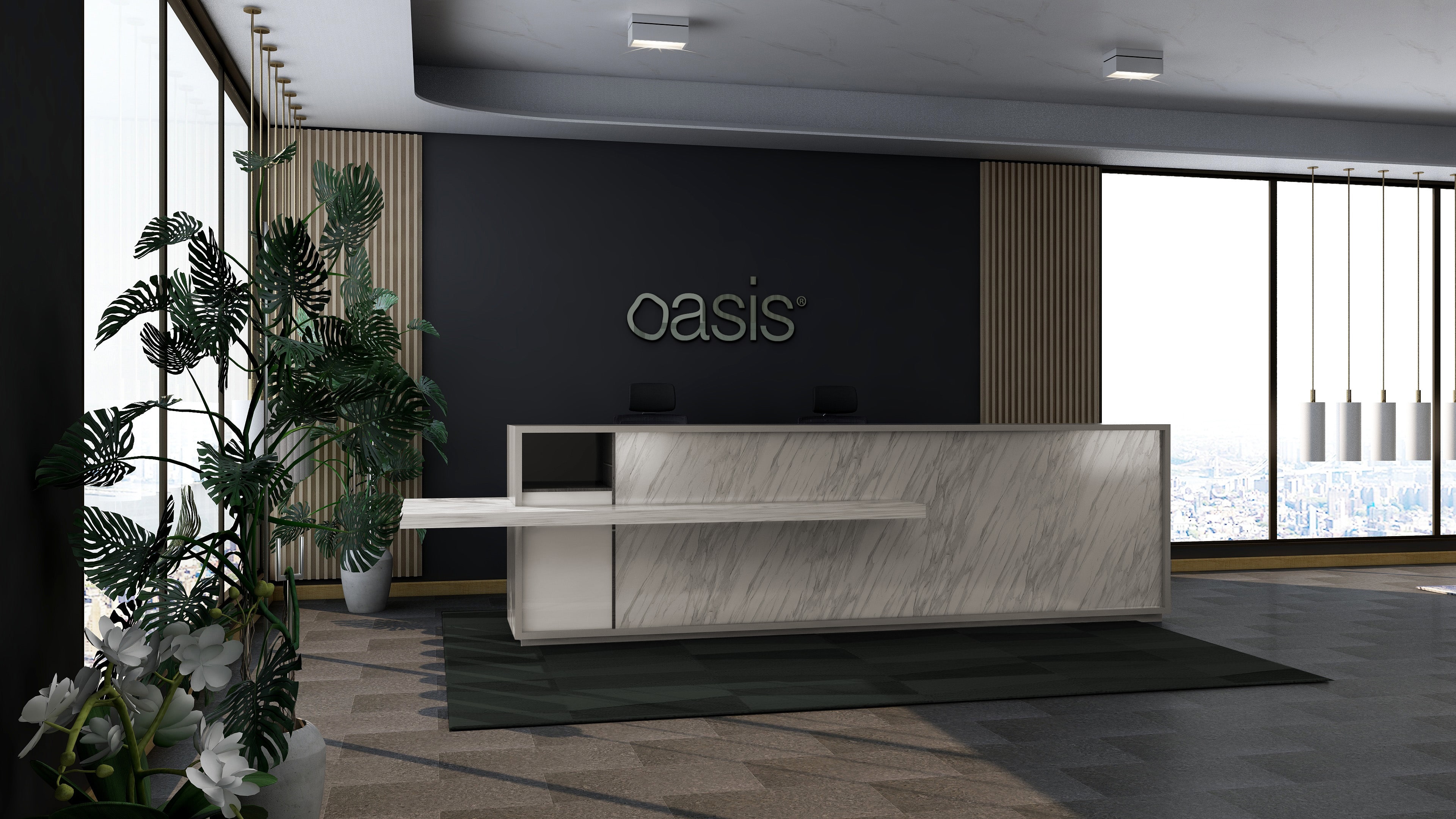 mockup of oasis logo signage on modern office wall