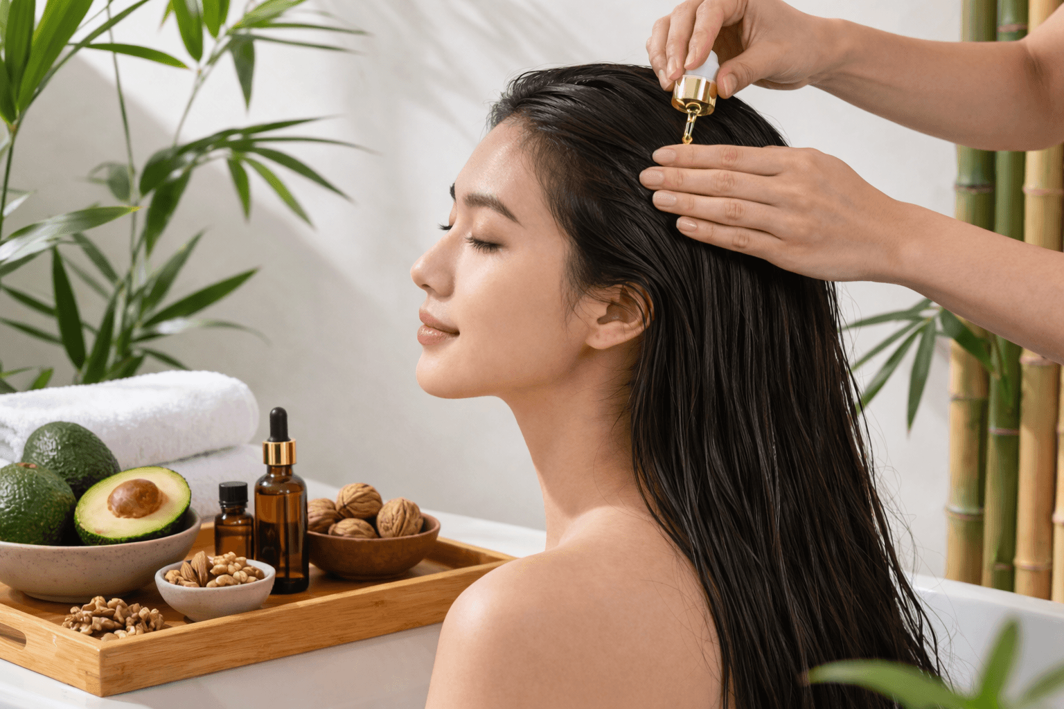 WOman getting oil applied to her scalp