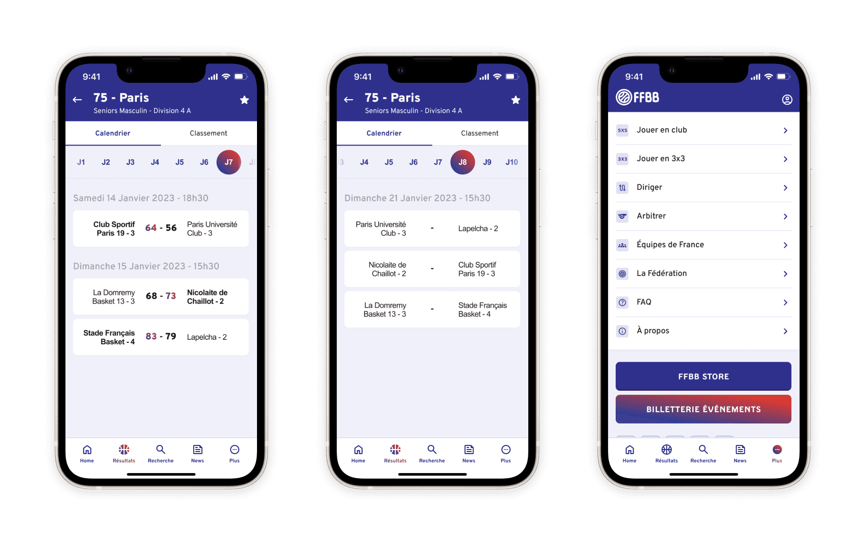 Result and calendar pages, "More" menu