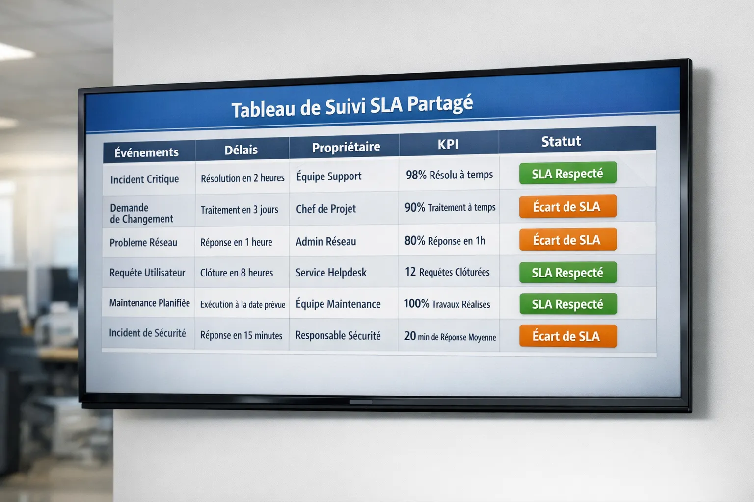 Exemple de tableau SLA partagé affiché sur un écran, avec colonnes événements, délais, propriétaire, KPI, et des étiquettes vertes pour les SLA respectés et orange pour les écarts.