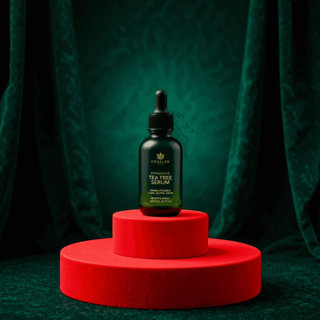 product photography of a bottle of tea tree serum for skincare