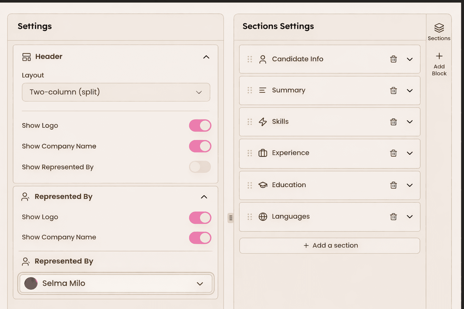 Customize layout in resume reformatting tool