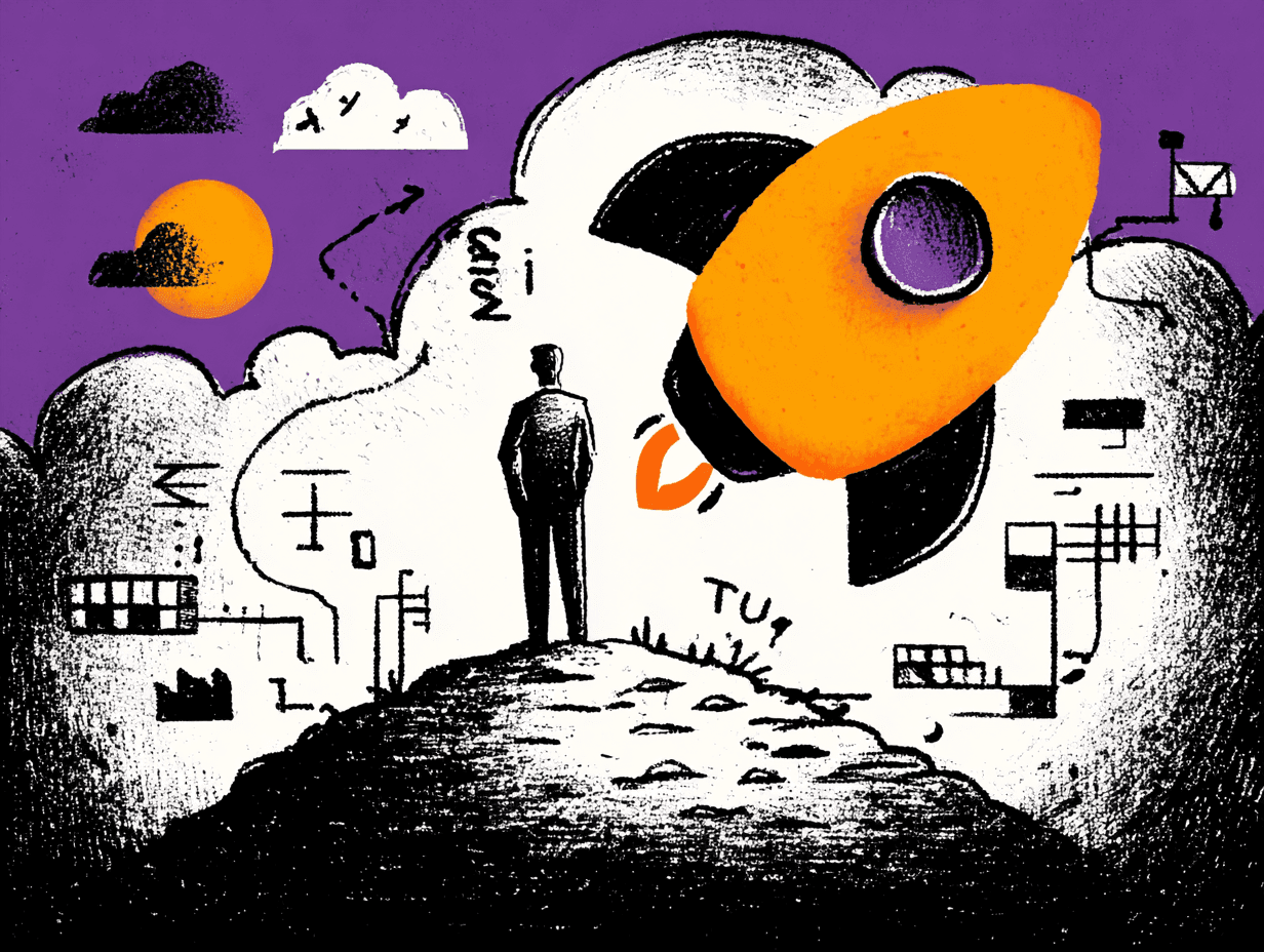 Illustration zu „Datenschutz für Startups“: Eine Person steht auf einem Hügel und blickt in eine wolkige, weiße Fläche vor violettem Himmel, in der rechts ein großes orangefarbenes Raketen-Symbol startet. Um die Figur sind skizzenhafte Diagramme, Leitungen und kleine Fabrik-/Büro-Icons angedeutet; links eine orange Sonne hinter Wolken, rechts ein kleines Briefumschlag-Symbol.