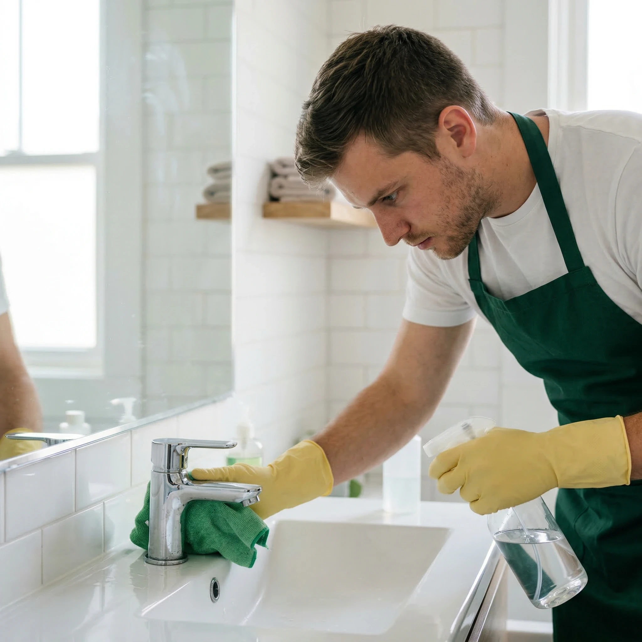 Man in green apron cleaning a bathroom sink with a cloth and spray bottle.