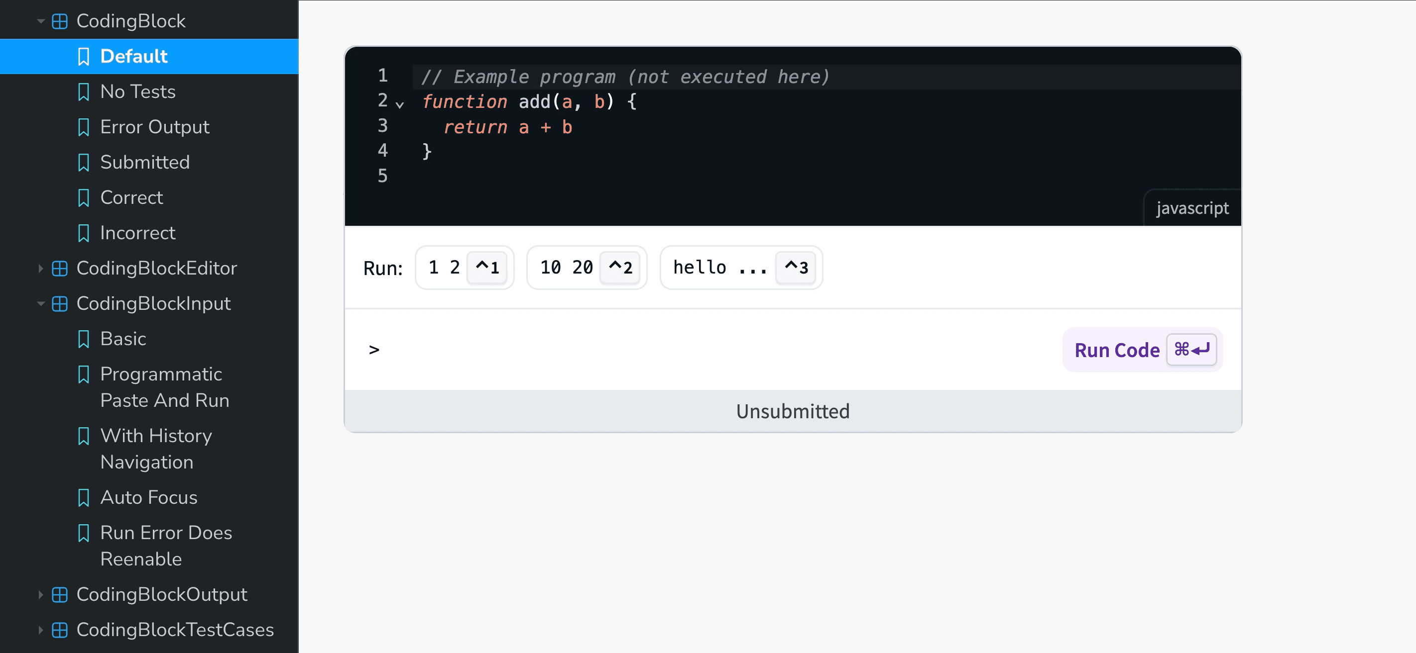 Storybook view of a coding assessment component showing a JavaScript code editor, runnable inputs, console area, submission status, and a component state panel listing variants like default, submitted, correct, and incorrect.