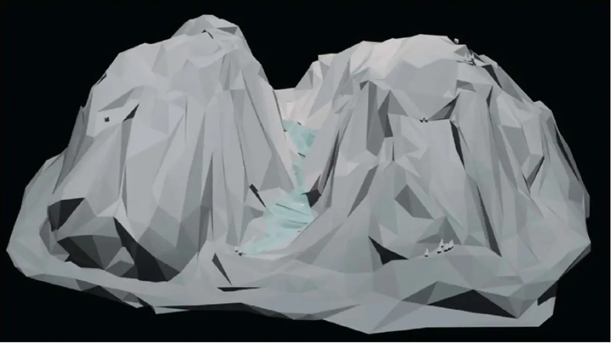 The eroded mountain with a waterfall
