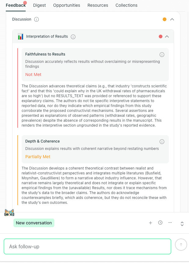 thesify discussion feedback showing Faithfulness to Results not met because interpretive claims are not linked to reported evidence
Image Title: Faithfulness to Results Flag