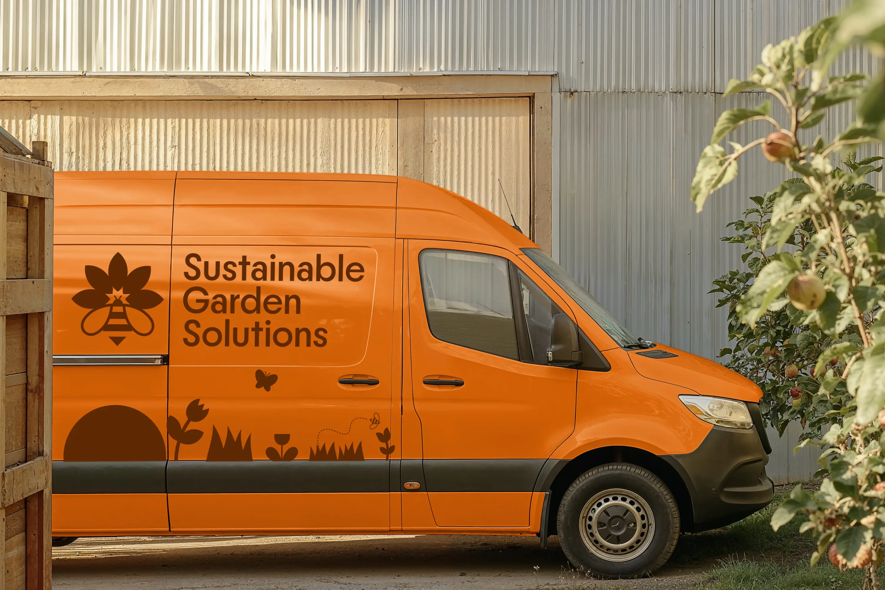 An orange delivery van parked next to a wooden structure with greenery nearby.
