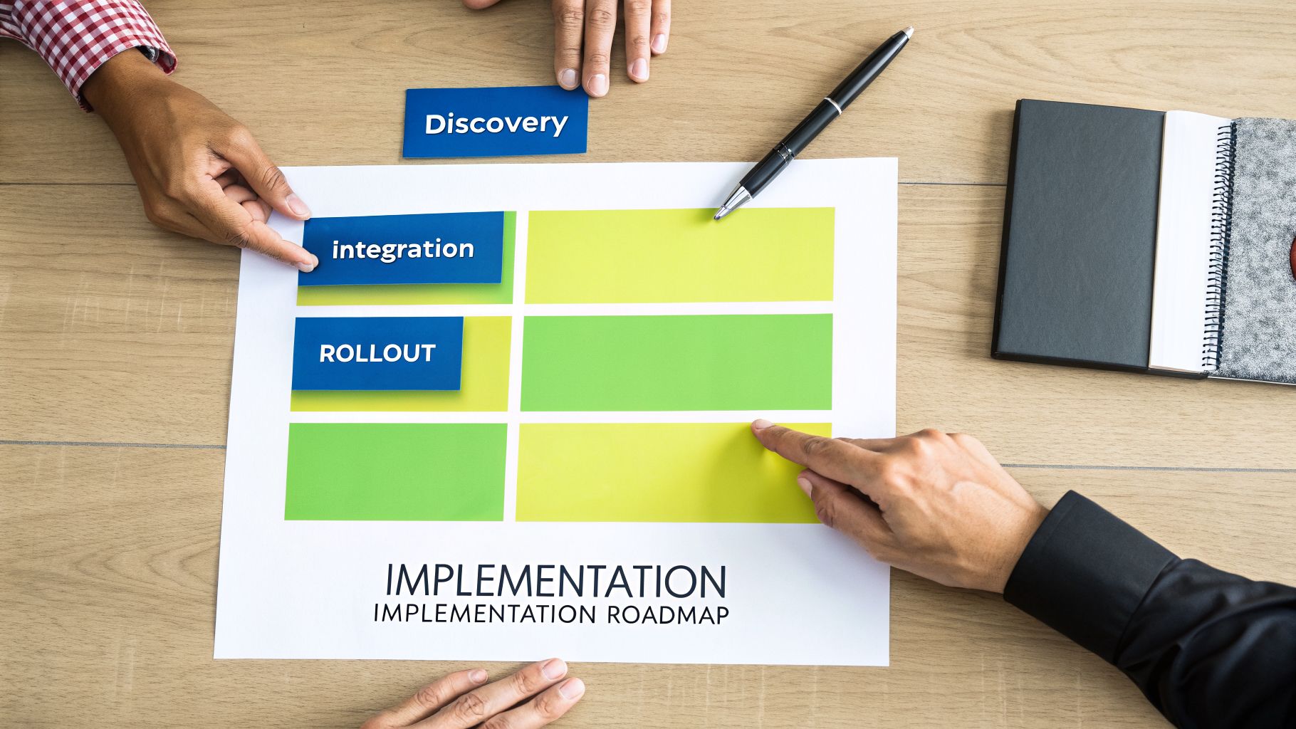Hands pointing at an implementation roadmap showing discovery, integration, and rollout stages.