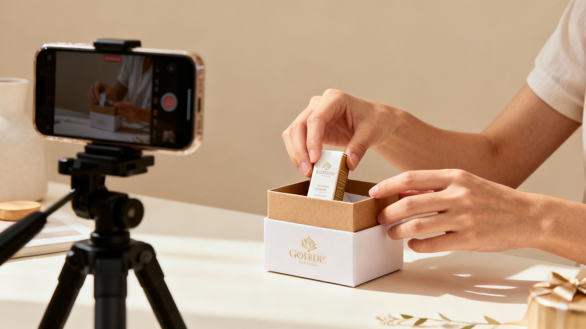 A person is unboxing a beautifully packaged product, likely from an influencer gifting campaign.