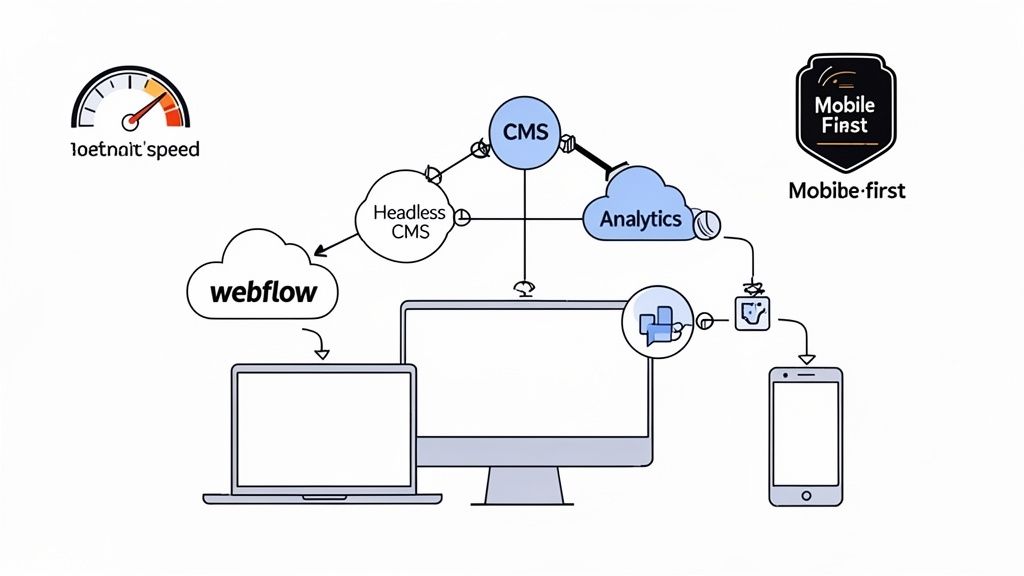 Web development workflow diagram illustrating CMS, Headless CMS, Analytics, Webflow, speed, and mobile-first design across devices.