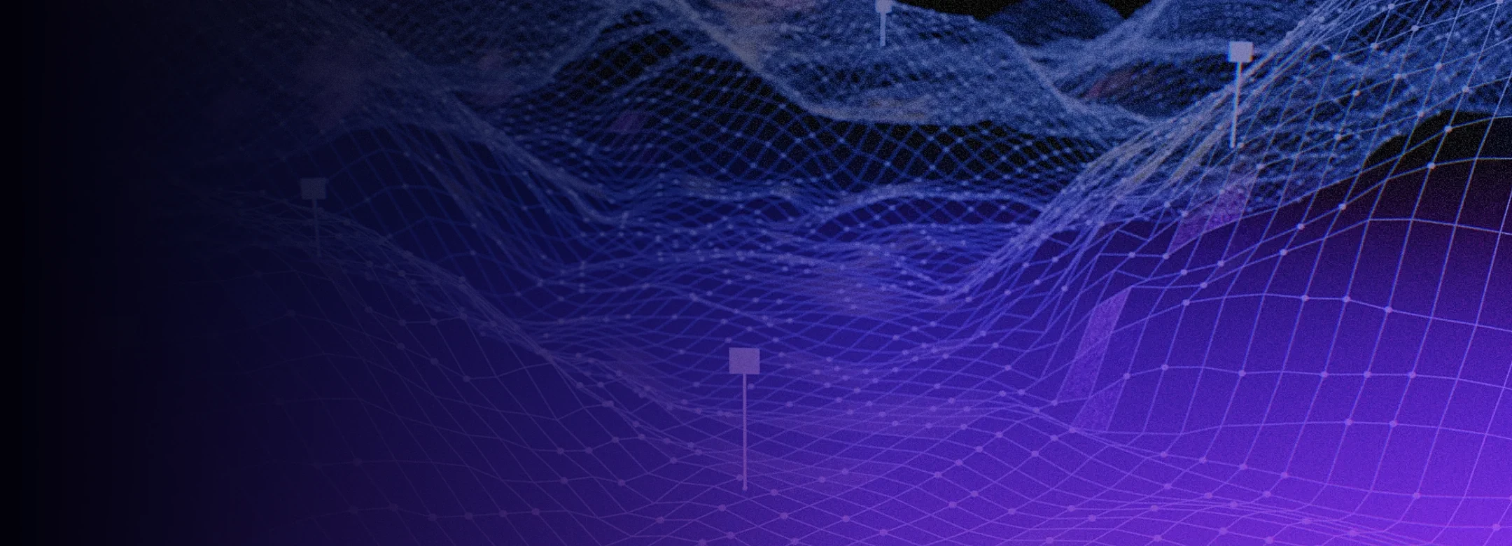 Abstract blue and purple 3D digital grid with nodes and floating squares marking points.