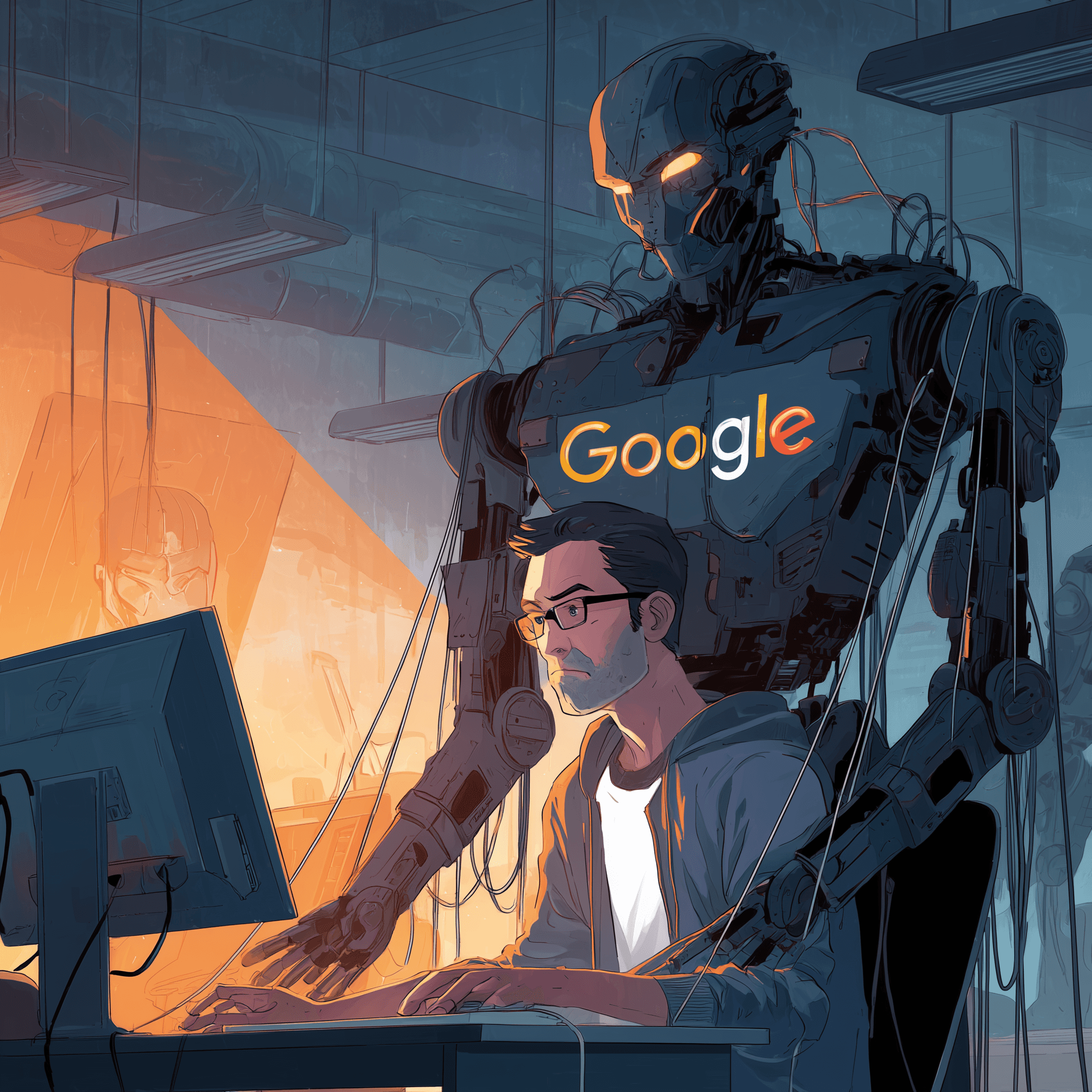 A Google robot standing behind a small business owner athis desk, controlling the man like a puppet