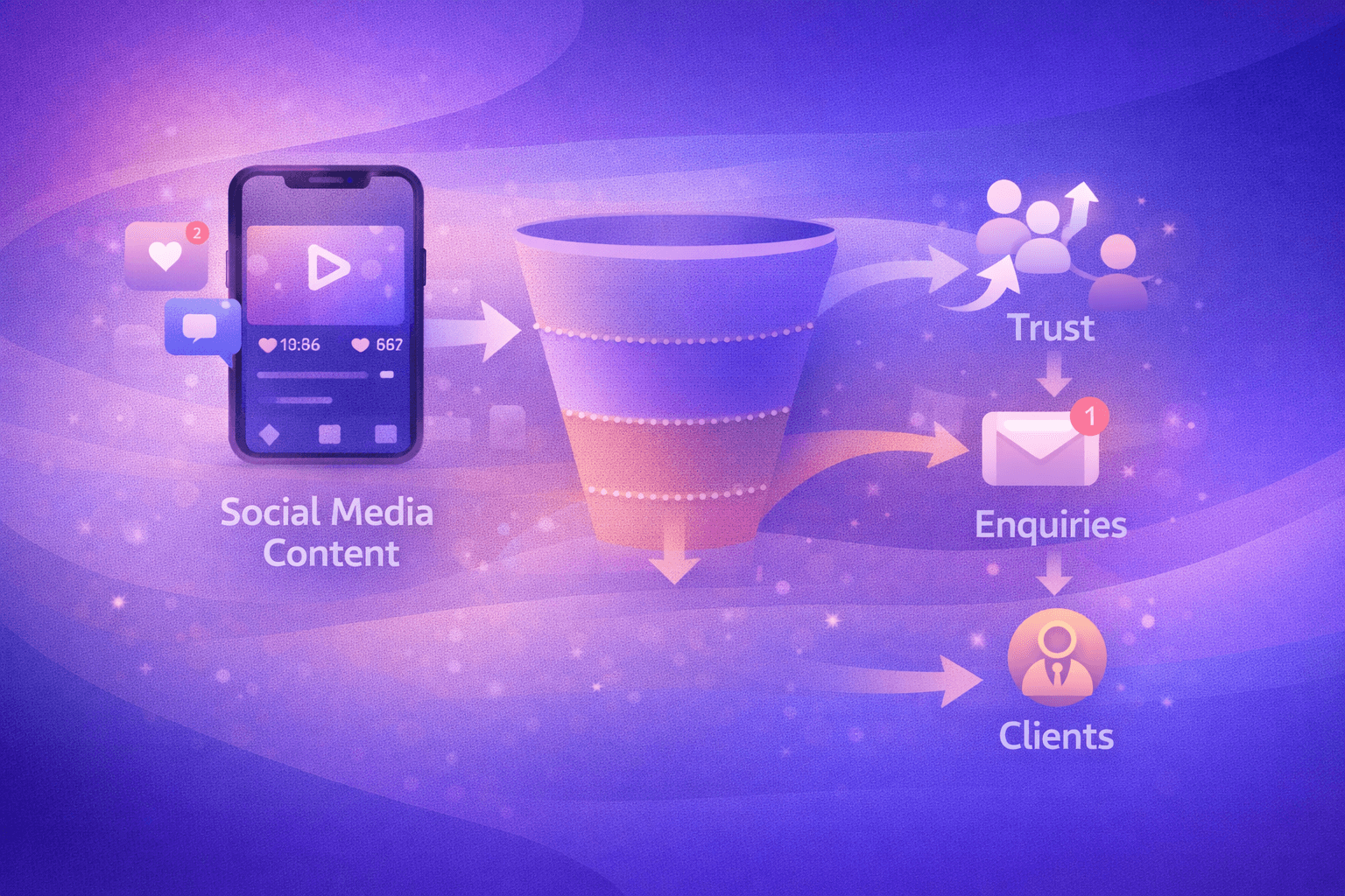 Funnel diagram showing TikTok marketing leading to trust, enquiries, and clients
