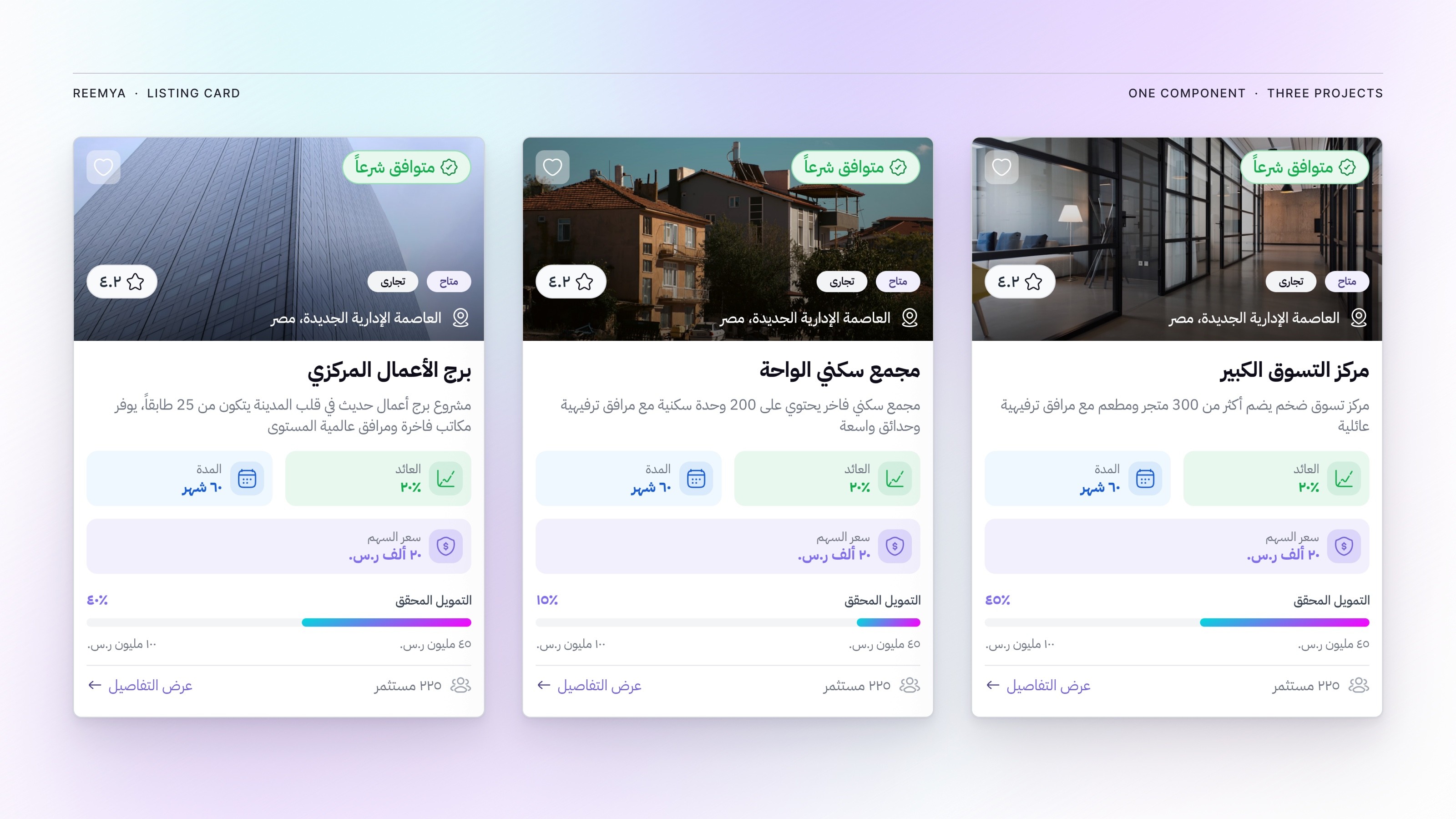 The listing card across three projects