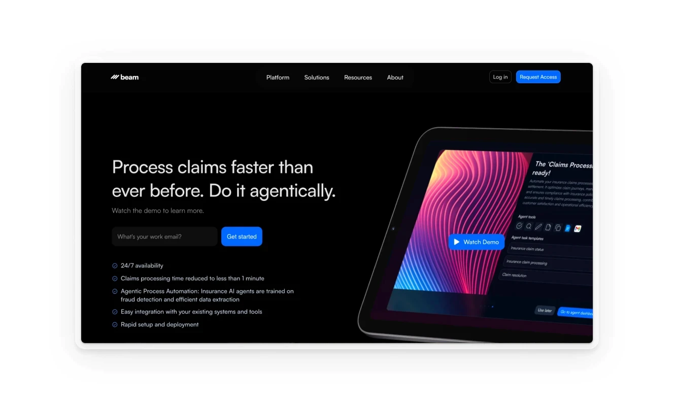 Beam AI homepage highlighting claims processing efficiency with a dark theme and vibrant graphic on a tablet display.