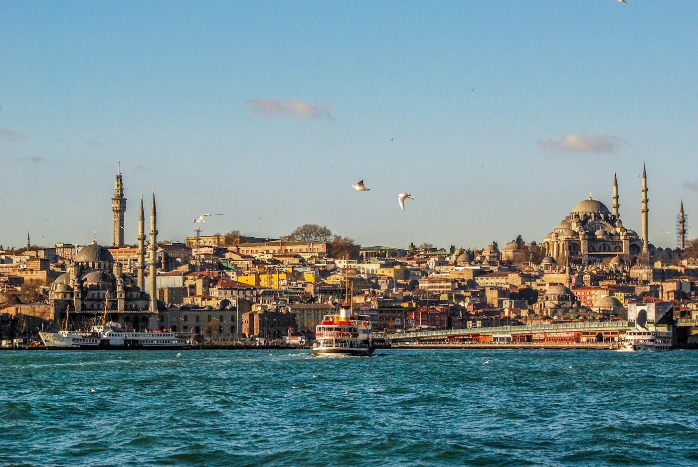 Istanbul waterfront with ferries and mosques viewed from the Bosphorus in summer