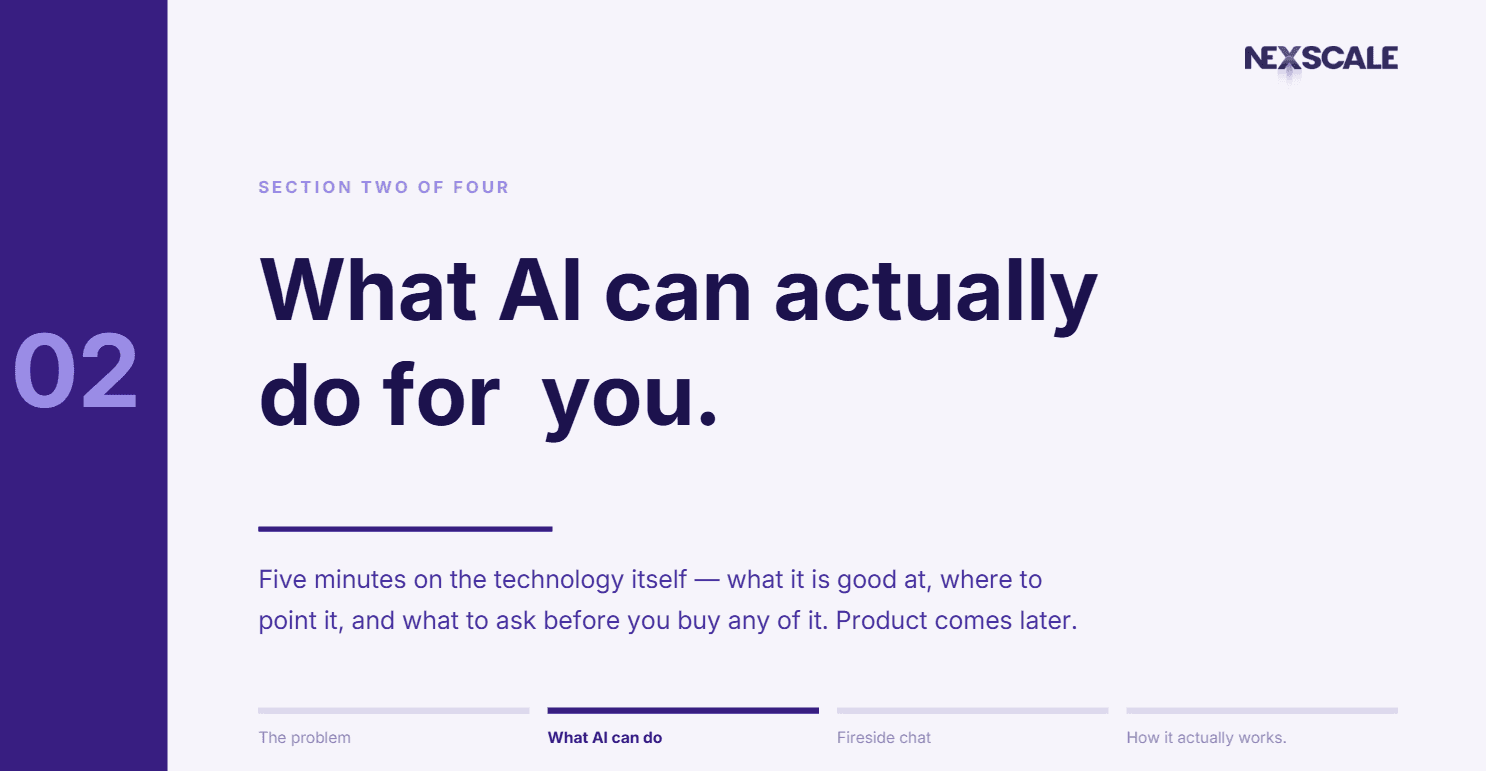 Webinar section two of four title slide: What AI can actually do for you