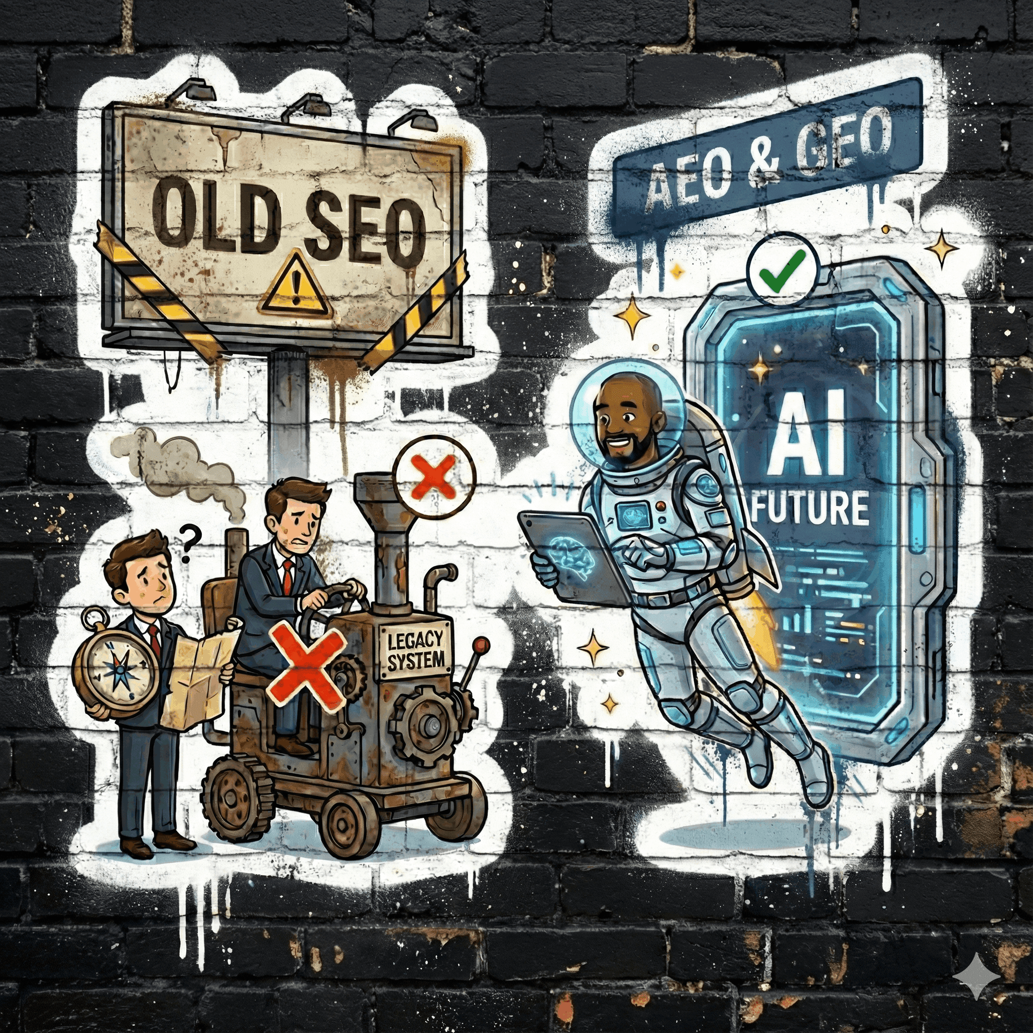A sign showing old seo and a man on a steam train, opposite a screen with AI future and an astronout