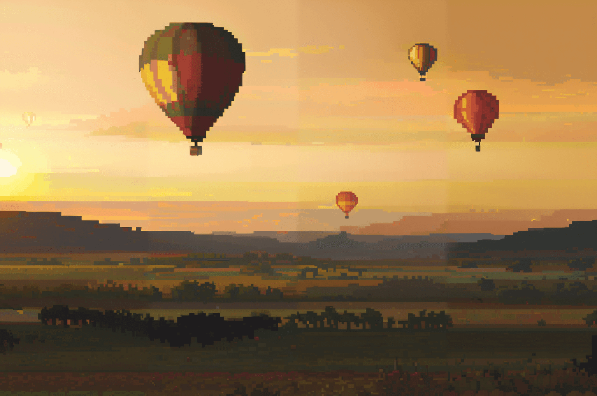 A pixel art scene of colorful hot air balloons floating above a vast landscape at sunset, with the sun casting warm light over the horizon.