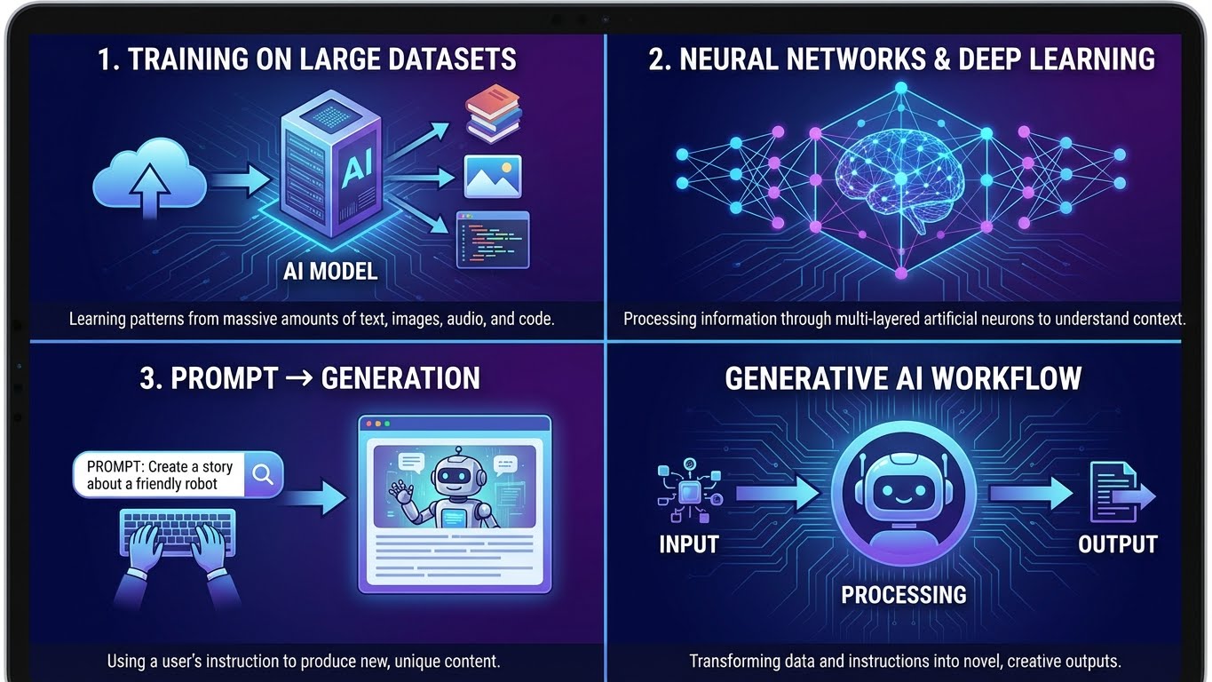 How generative AI works – illustration showing training on large datasets, neural networks and deep learning, prompt-based generation, and the generative AI workflow from input to output