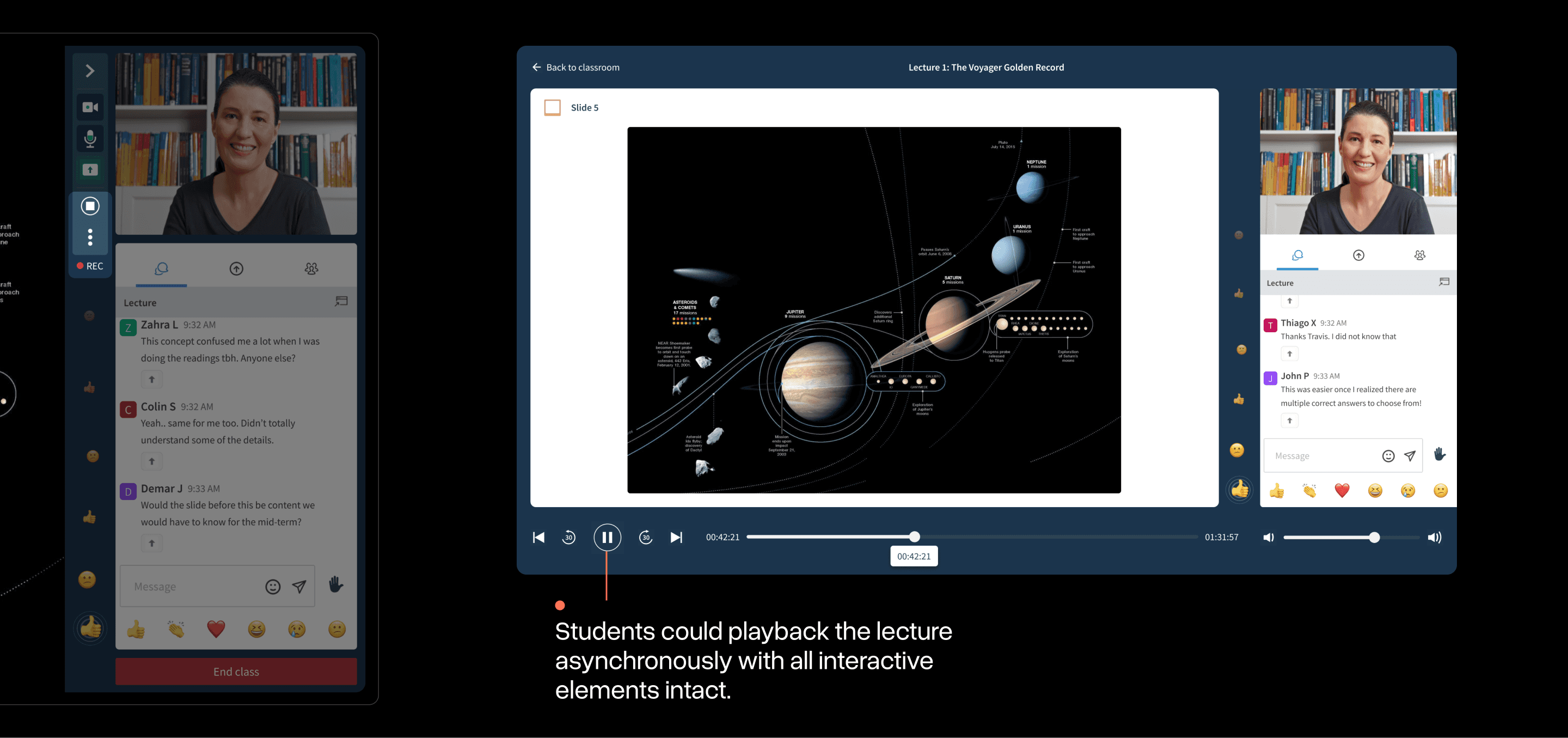 A video playback interface. Course content is shown in the middle with the virtual classroom stream and chat on the right.