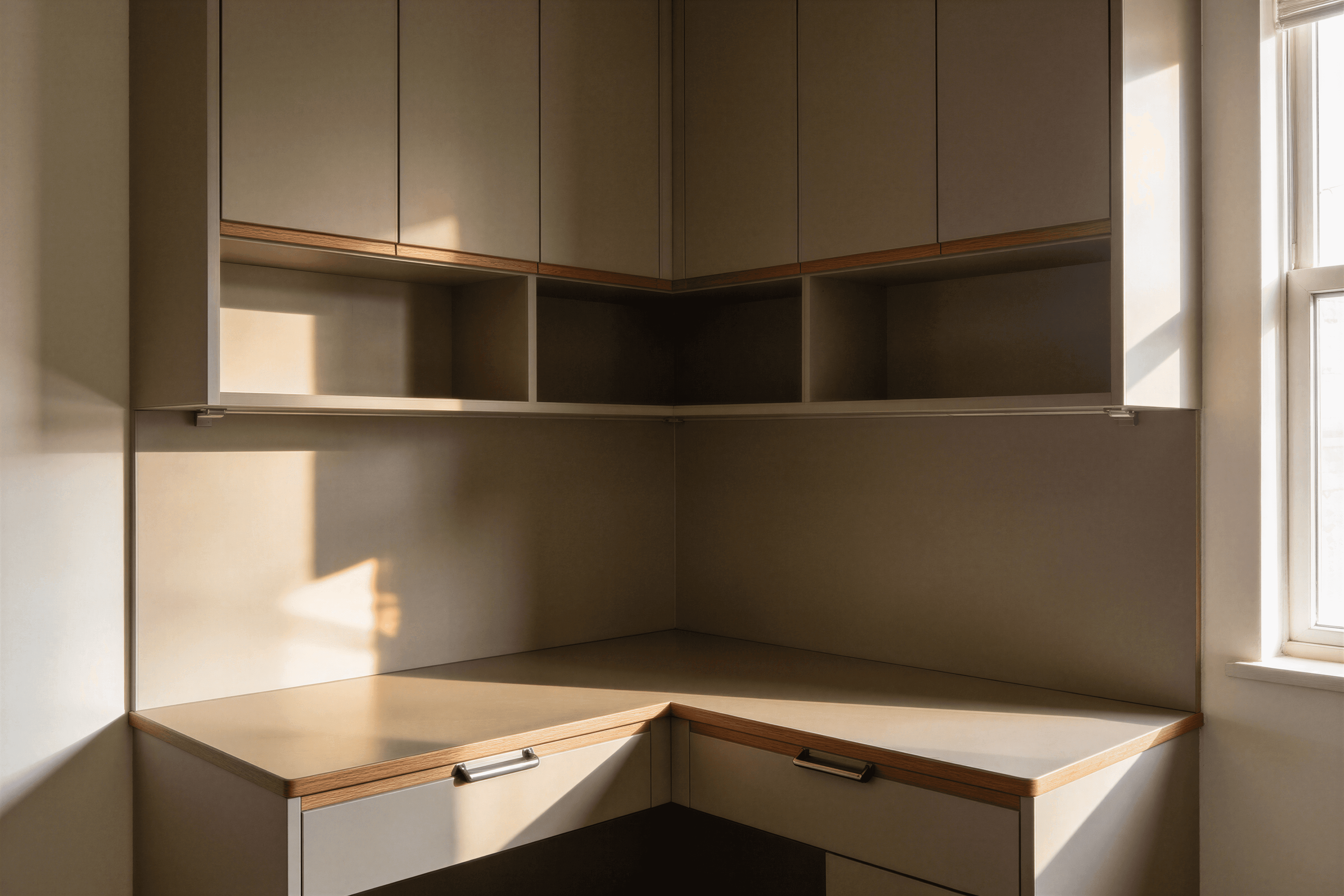 Birou pe colț cu dulapuri până la tavan, finisaj bej mat și sertare integrate.