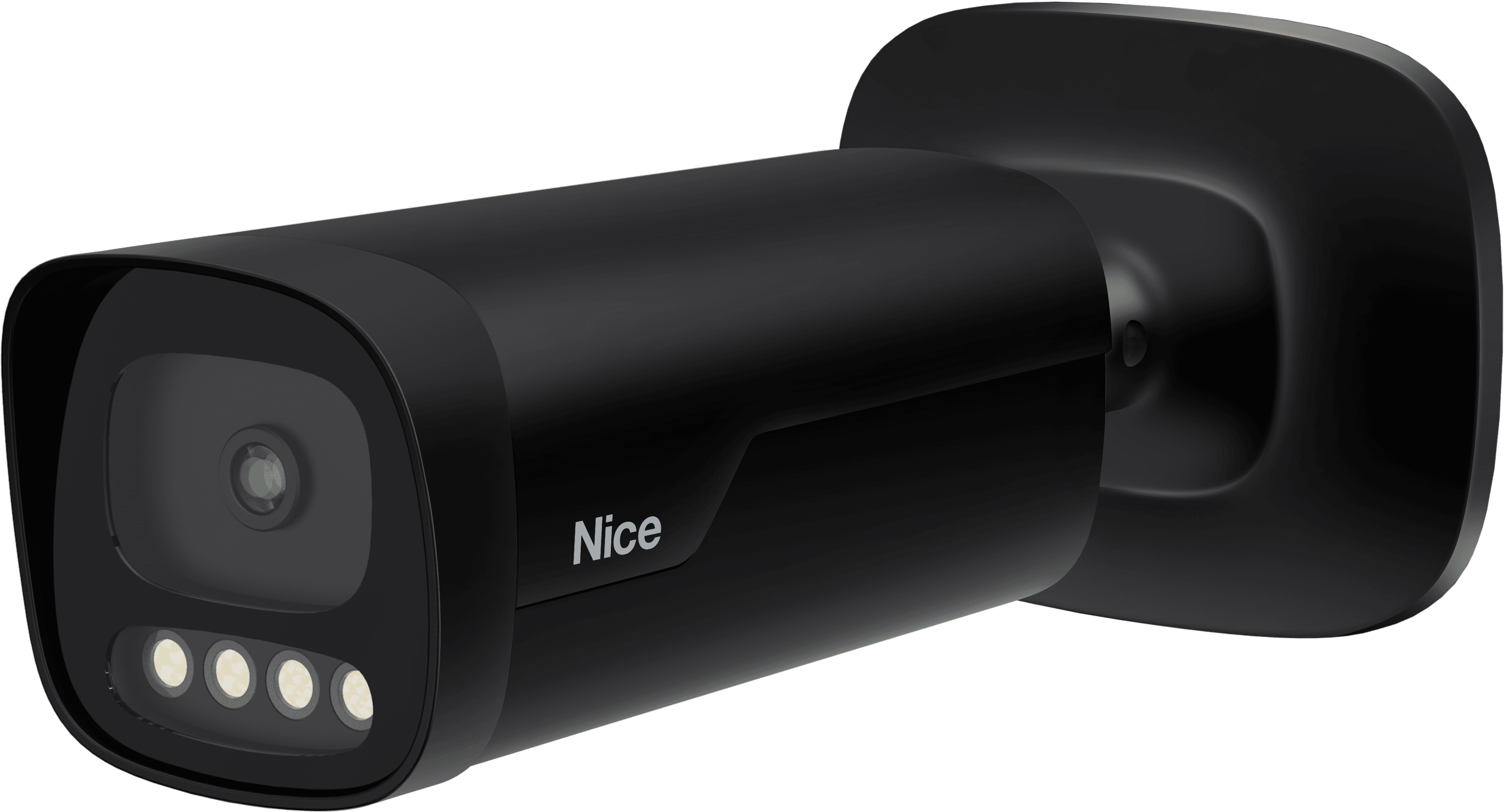 Black security camera with four lights and "Nice" logo