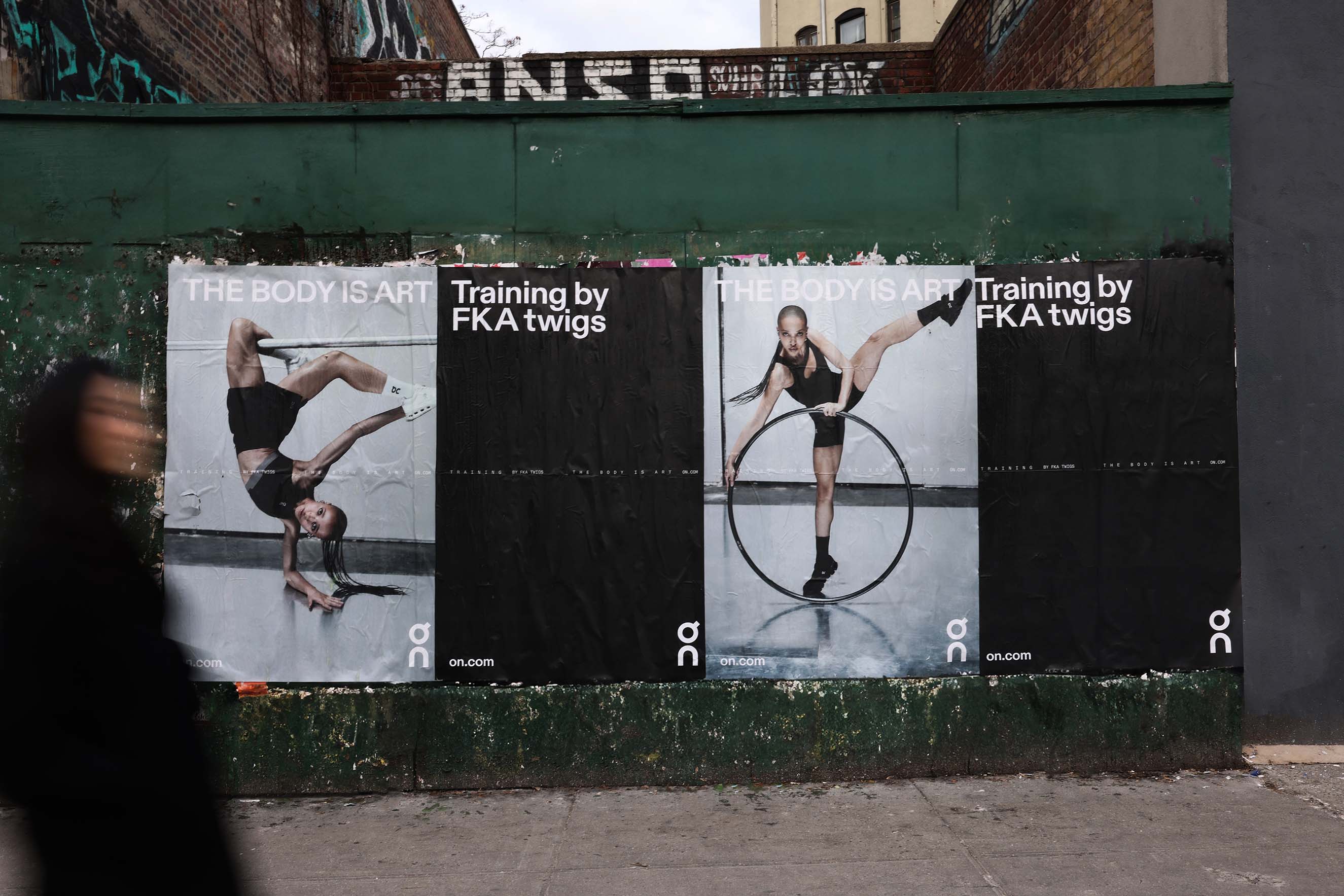Gritty urban street-level wheat-pasted posters for the On x FKA twigs campaign, utilizing high-fashion visuals and minimalist branding to execute an authentic and impactful graphic design strategy.