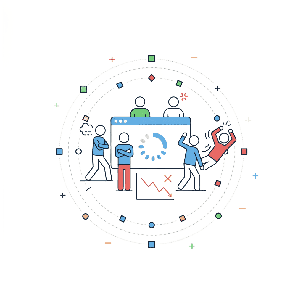 Icon illustrating impatient website visitors, showing a group of frustrated people waiting for a loading screen with a downward trend line indicating failure.