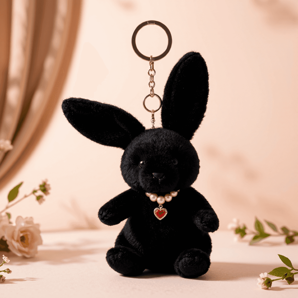 product photography of a plush keychain of a black bunny