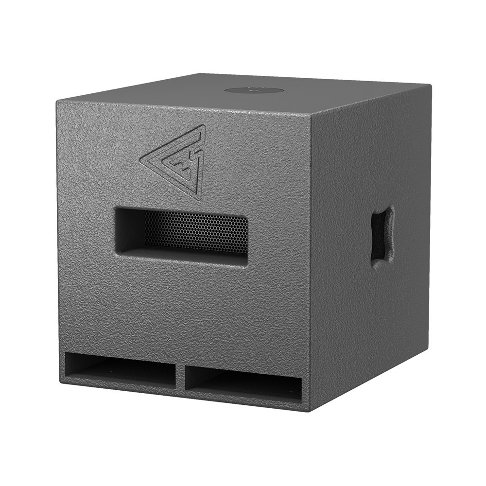 Grey subwoofer with speaker grille and vents.