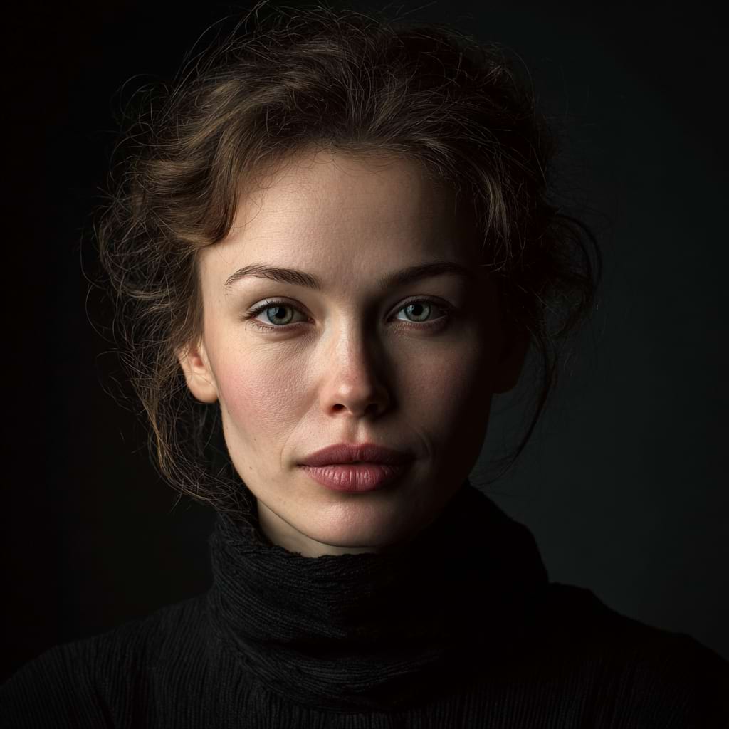 Portrait of a woman with curly hair and green eyes gazing directly at the camera. Set against a dark background, her expression is calm and introspective.