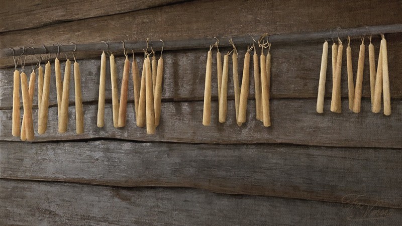 Sacred artwork by Faith and Verse. © Faith and Verse, 2025. All rights reserved. Freshly dipped beeswax candles drying on wooden beams in a late medieval Silesian household.