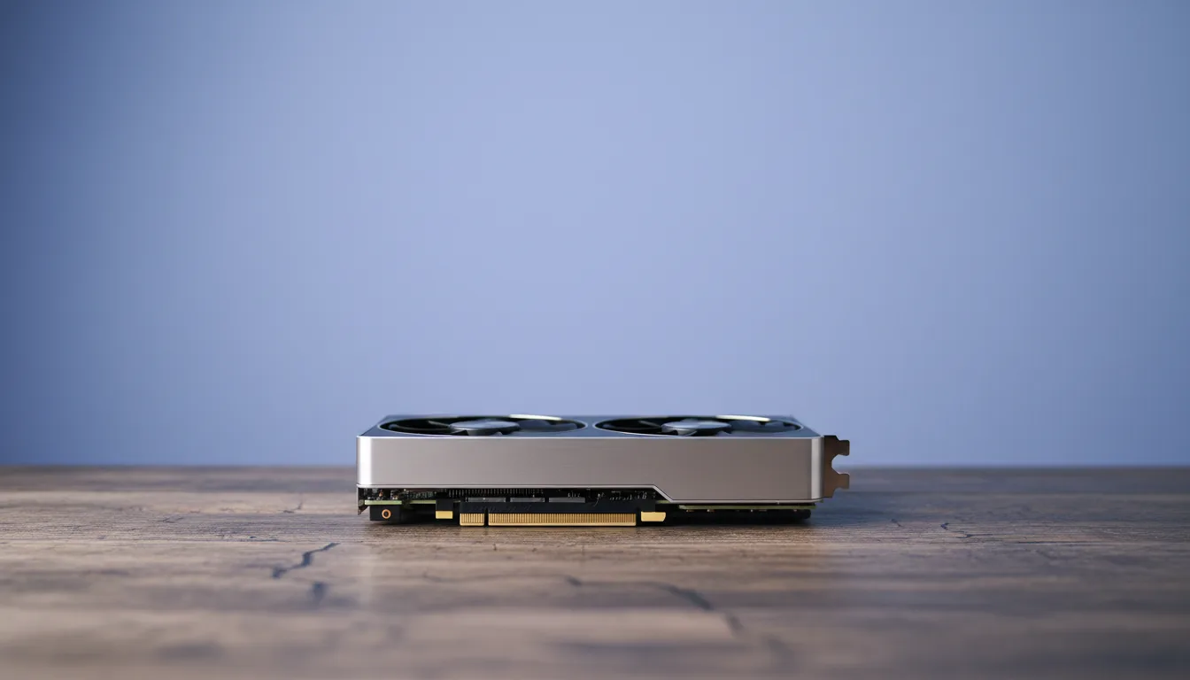 DSLR product photography of an Nvidia RTX 4070 Founders Edition graphics card, clean side-on profile shot. The card rests on a dark, rustic wood grain table against a solid, muted periwinkle blue background. Soft studio lighting creates gentle highlights on the black and silver metal chassis. The graphics card is in sharp focus, detailing the large cooling fan and gold PCIe connector, with a shallow depth of field blurring the foreground and background.