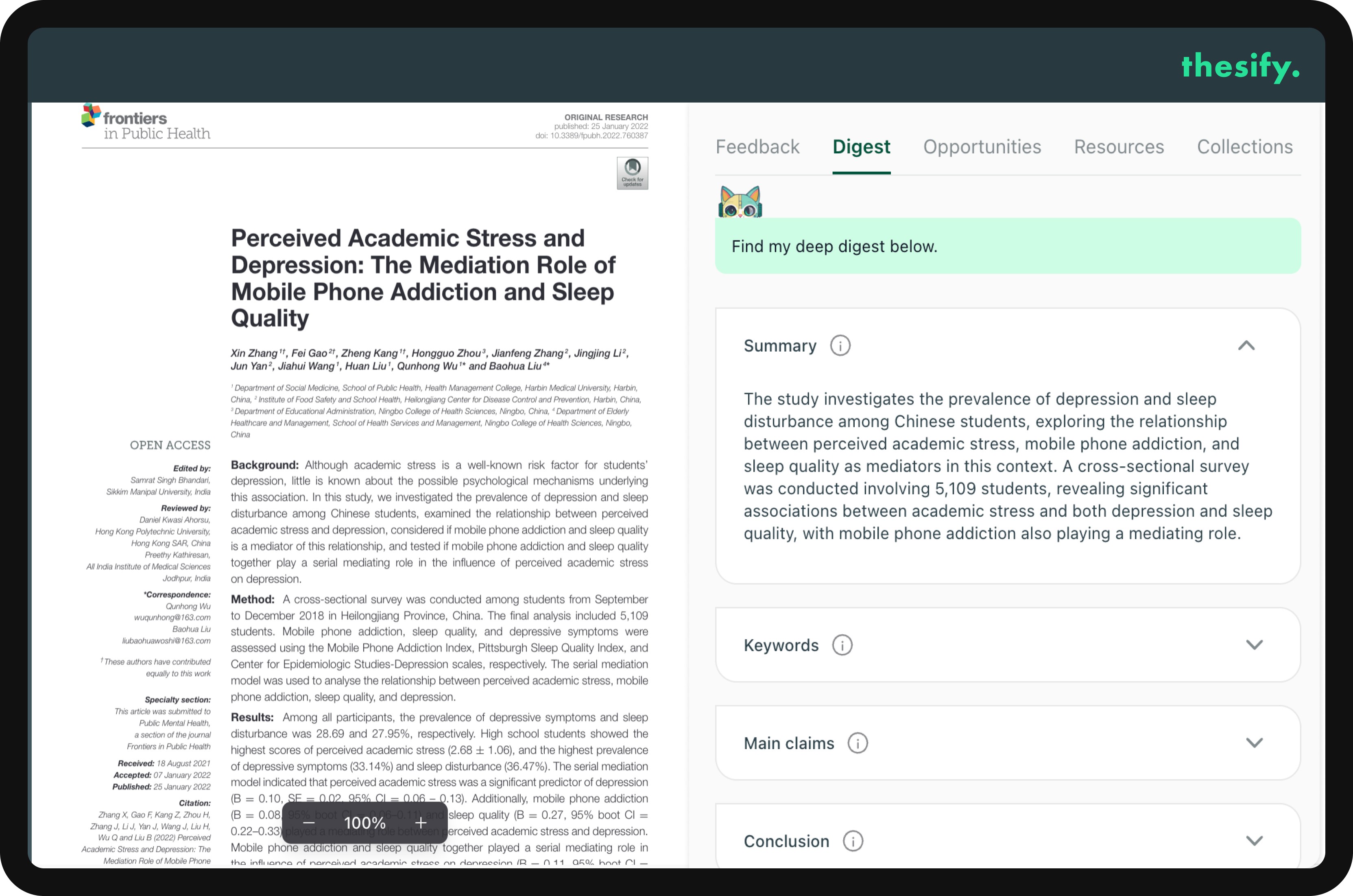 The Thesify app shows a scientific paper alongside a Digest tab with a summary and key points