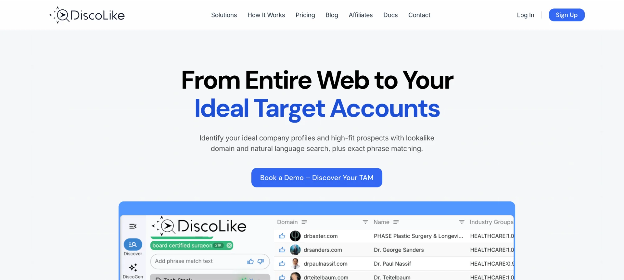 Discolike homepage: web-based B2B company discovery tool