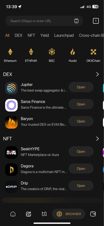 Original Dapp Browser — DEX category list view