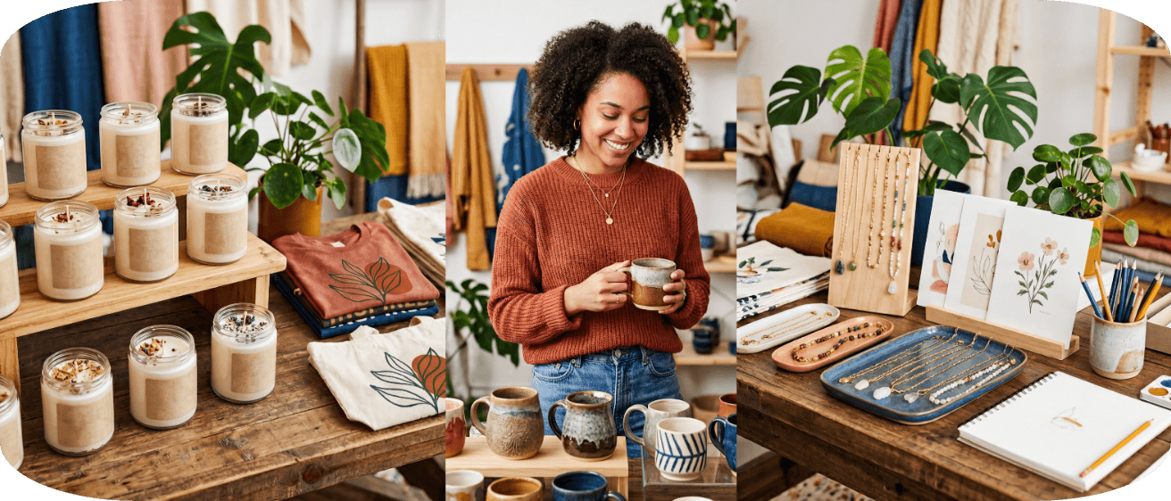 Etsy niche ideas including handmade candles, custom apparel, pottery, and jewelry for building a profitable online shop.