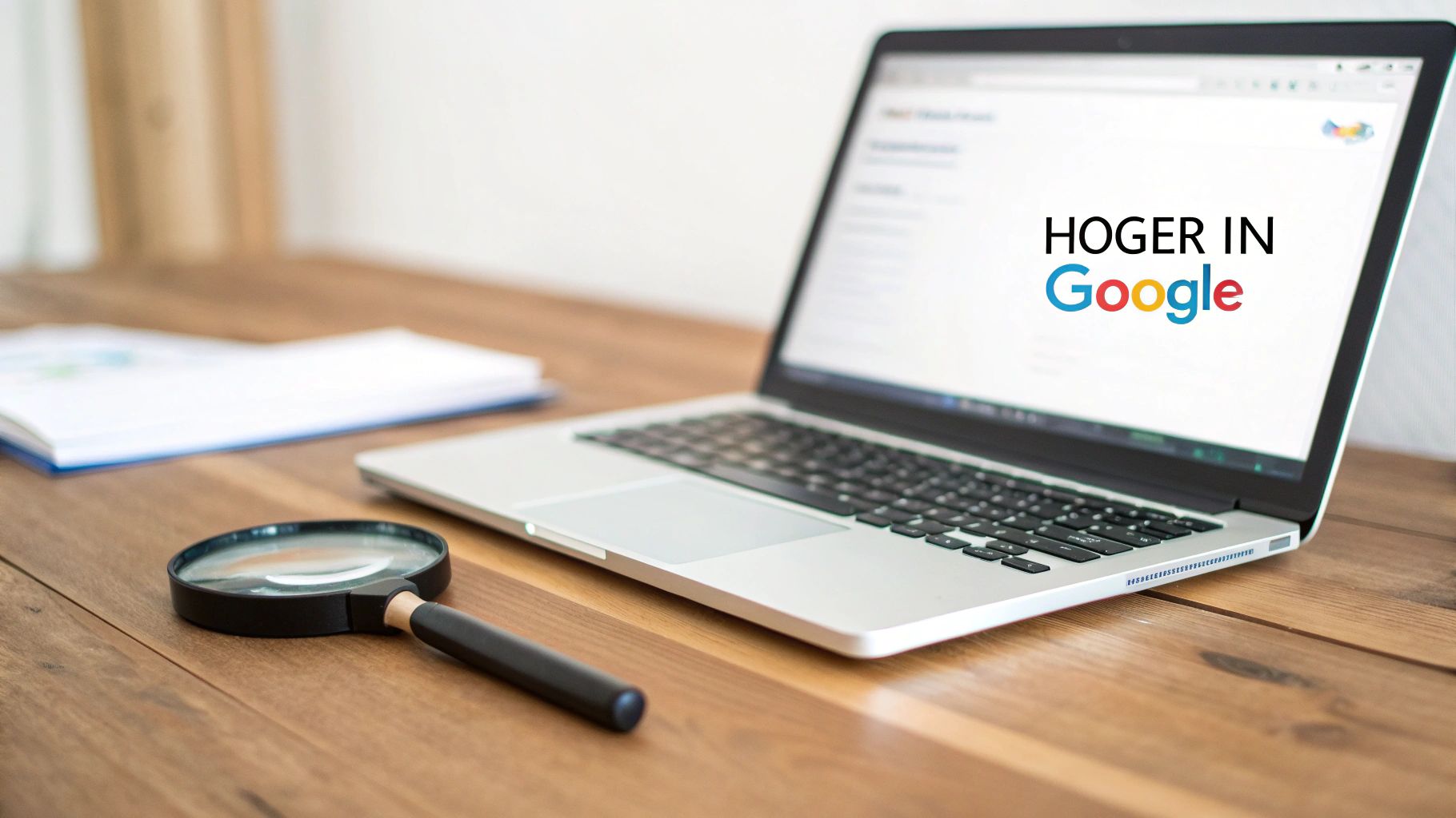 Een laptop op een houten bureau toont 'HOGER IN Google' op het scherm, naast een vergrootglas en documenten. Geschikt voor zoekmachine optimalisatie (SEO).