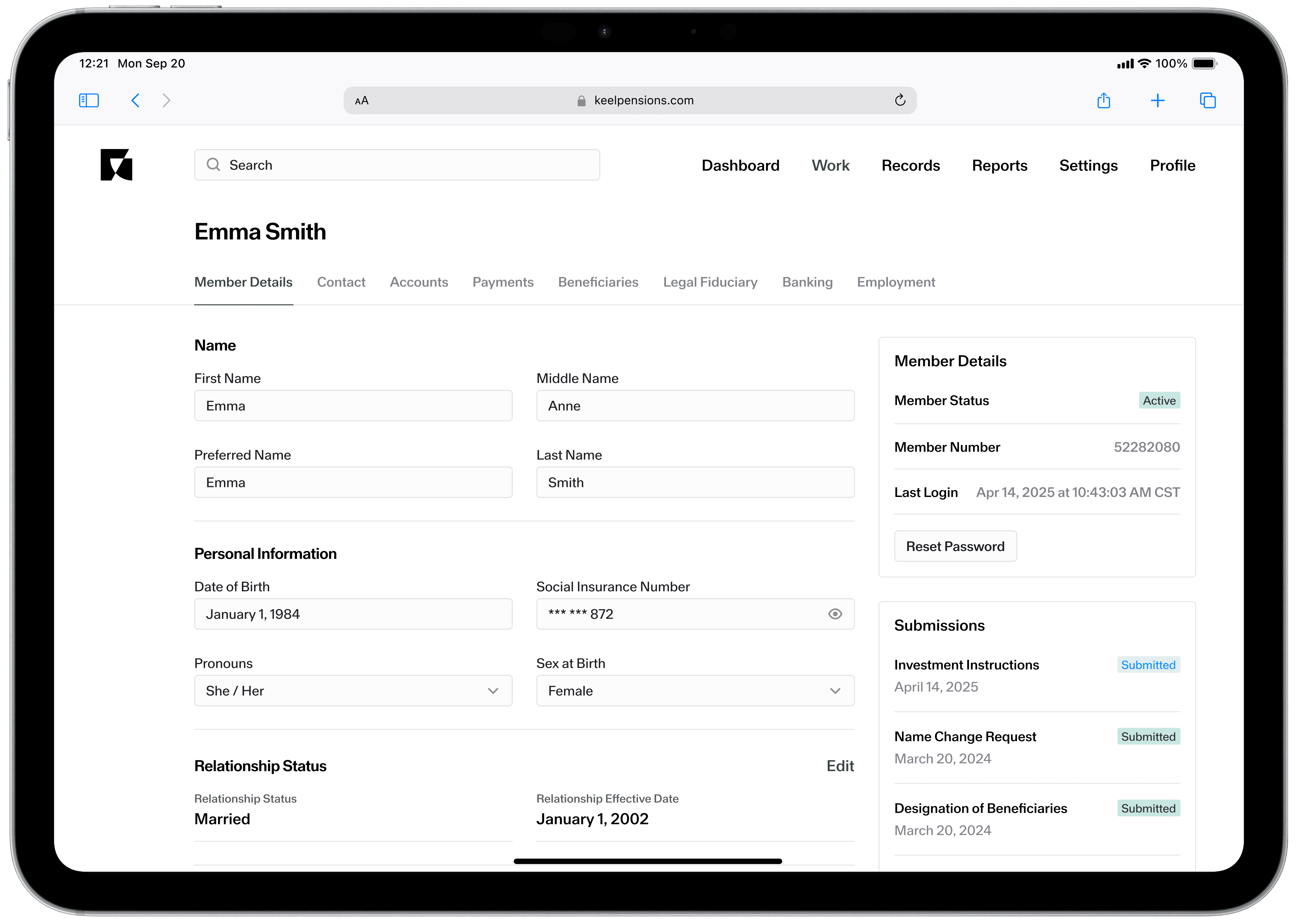 Member details page in the Admin portal