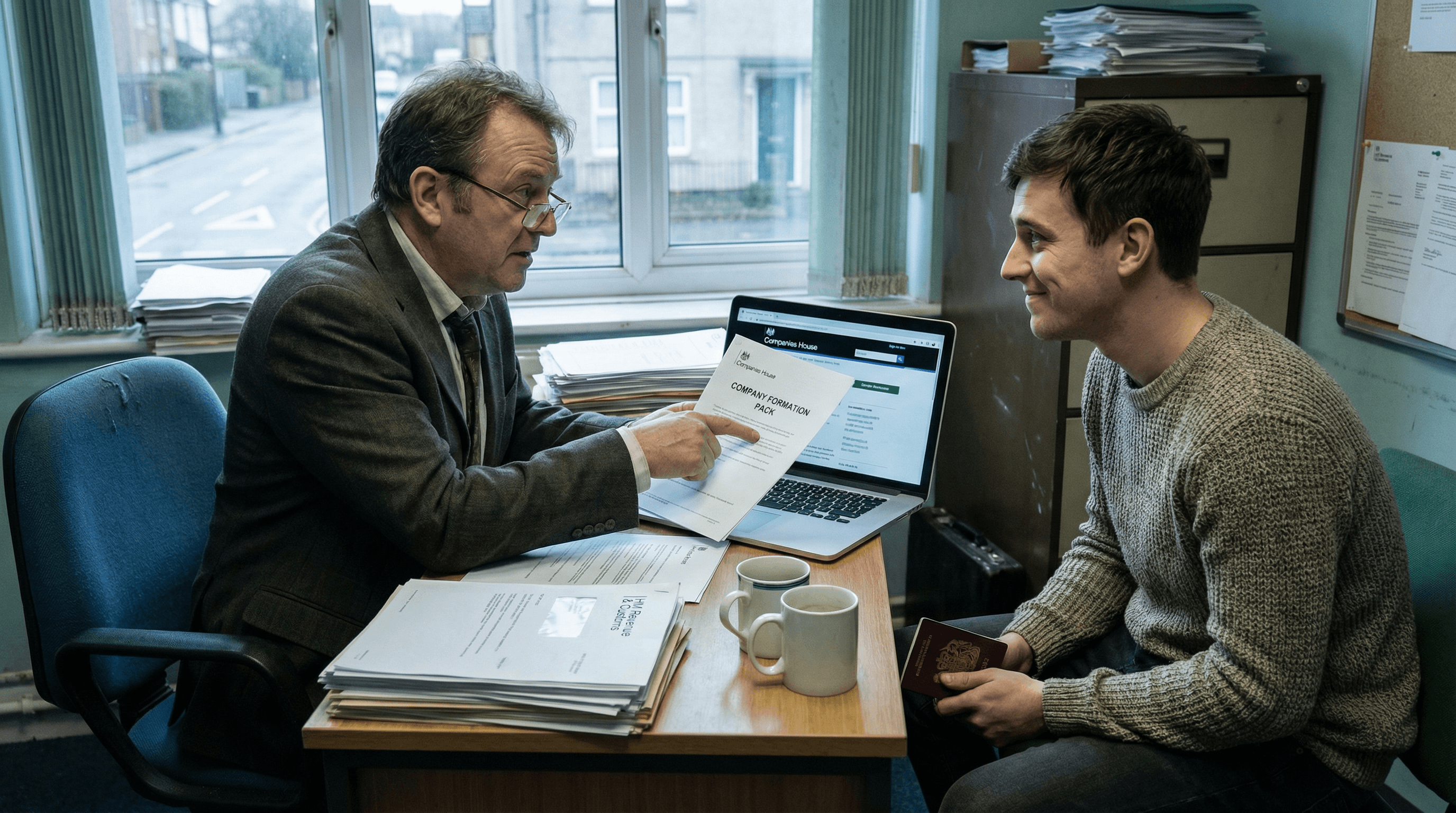 Four workers in black coveralls walk through an industrial facility.