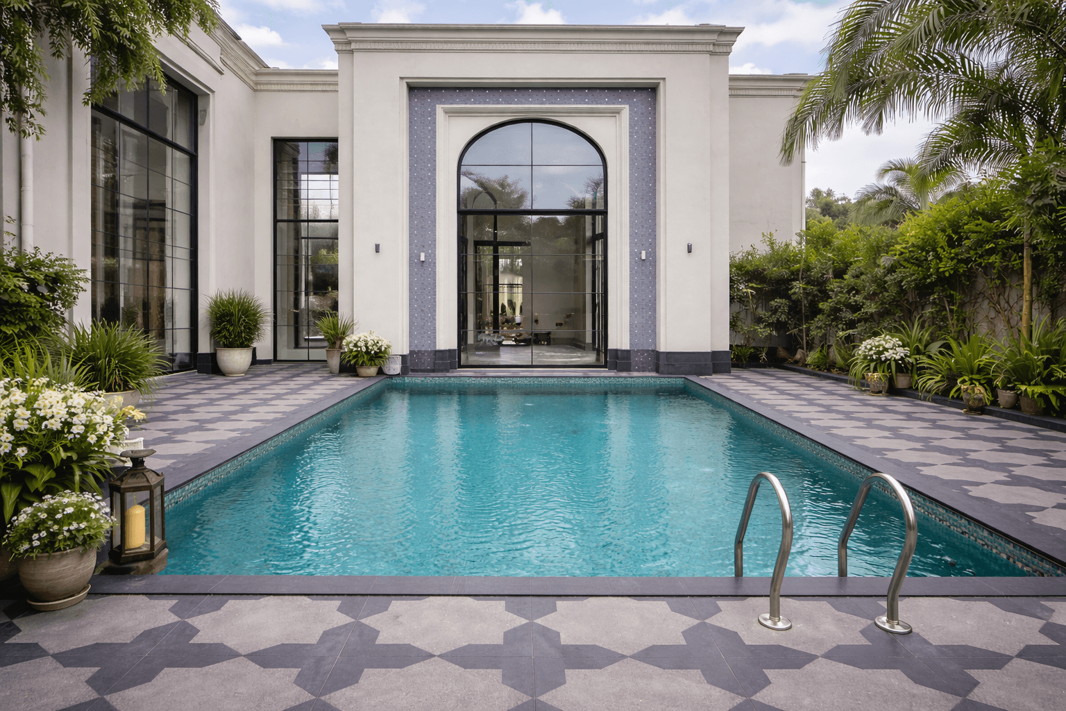 Star stone paving used in luxury poolside flooring with bold geometric patterned design