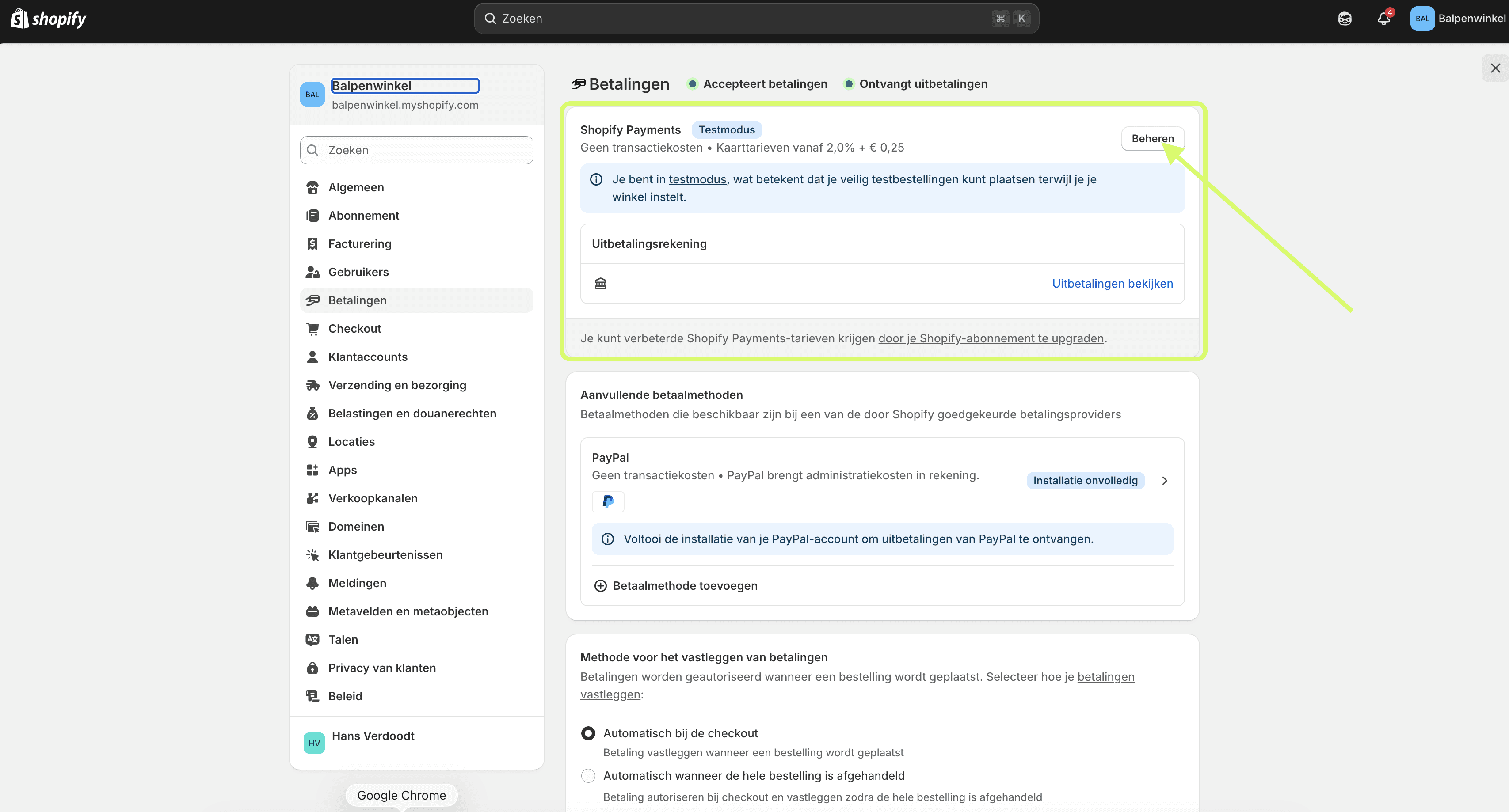 Screenshot van de betalingen in Shopify