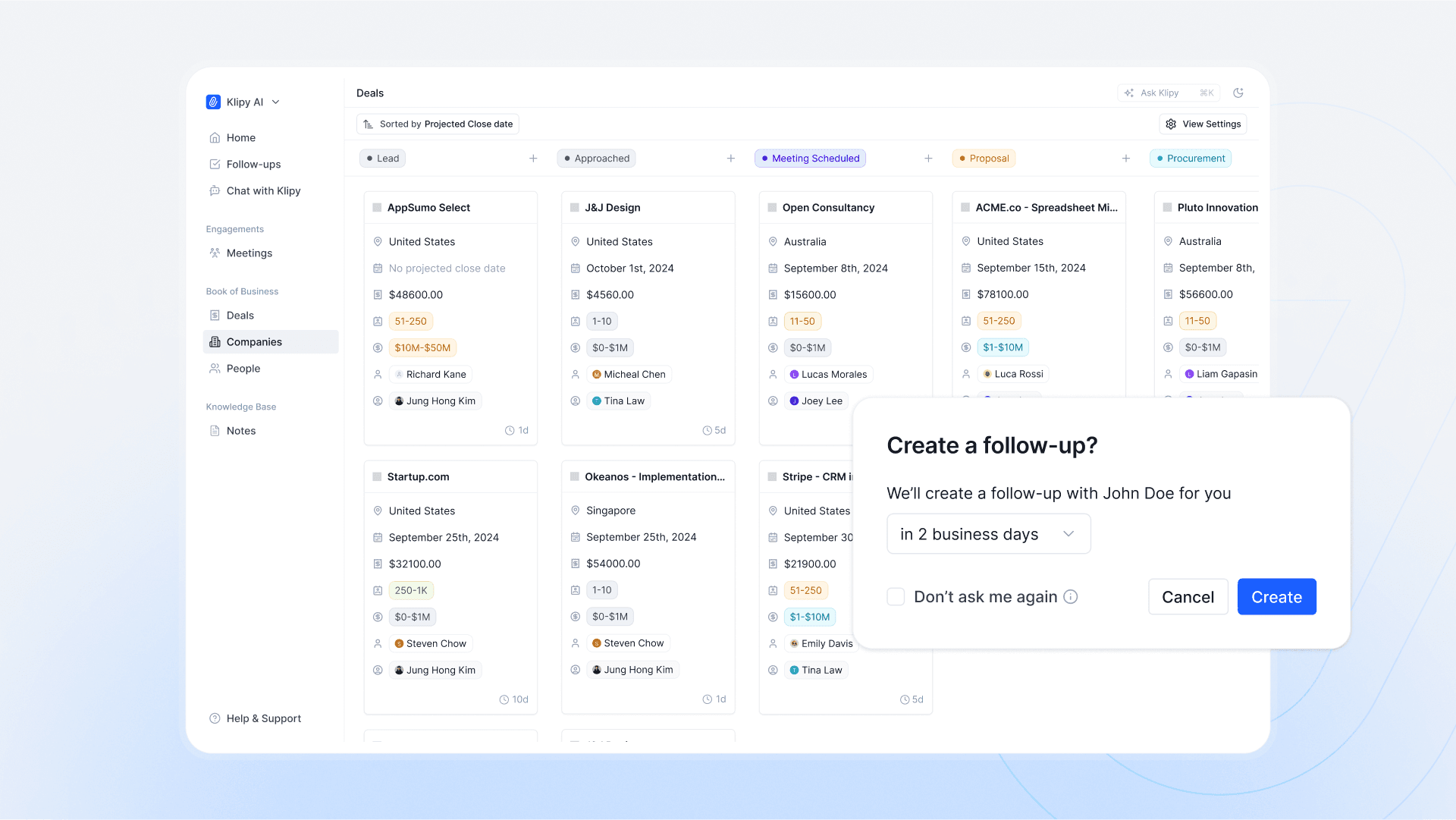 klipy crm deal pipeline followup automation