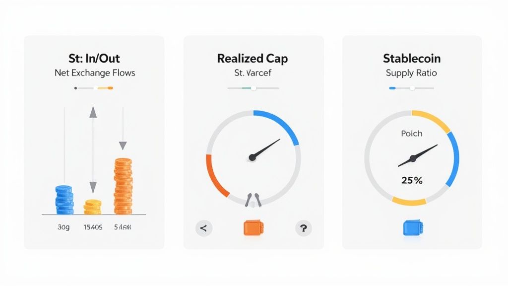 Cryptocurrency analytics dashboard showing exchange flows, realized cap gauge, and stablecoin supply ratio metrics